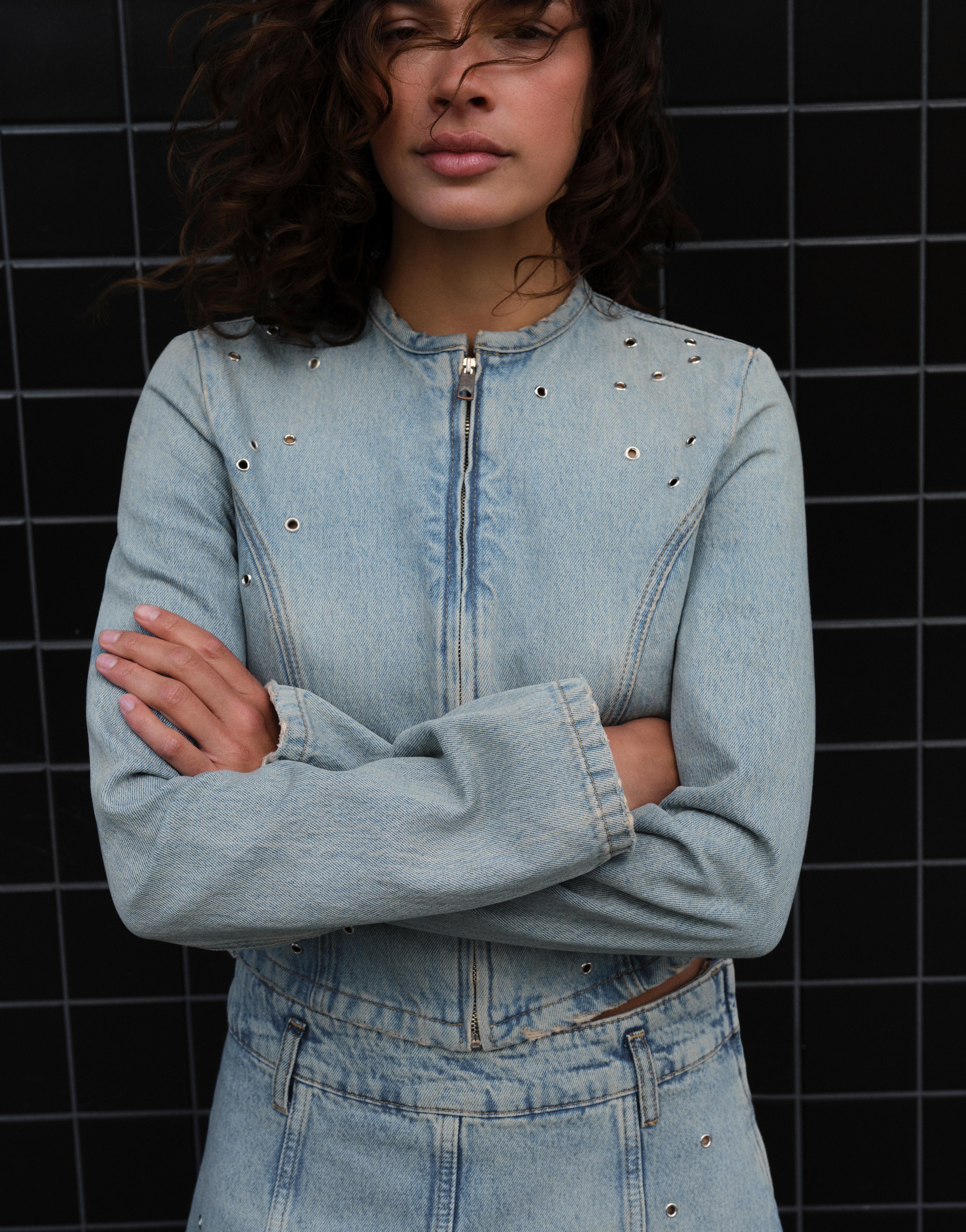 Pull&Bear Kuşgözü detaylı denim ceket görsel 5