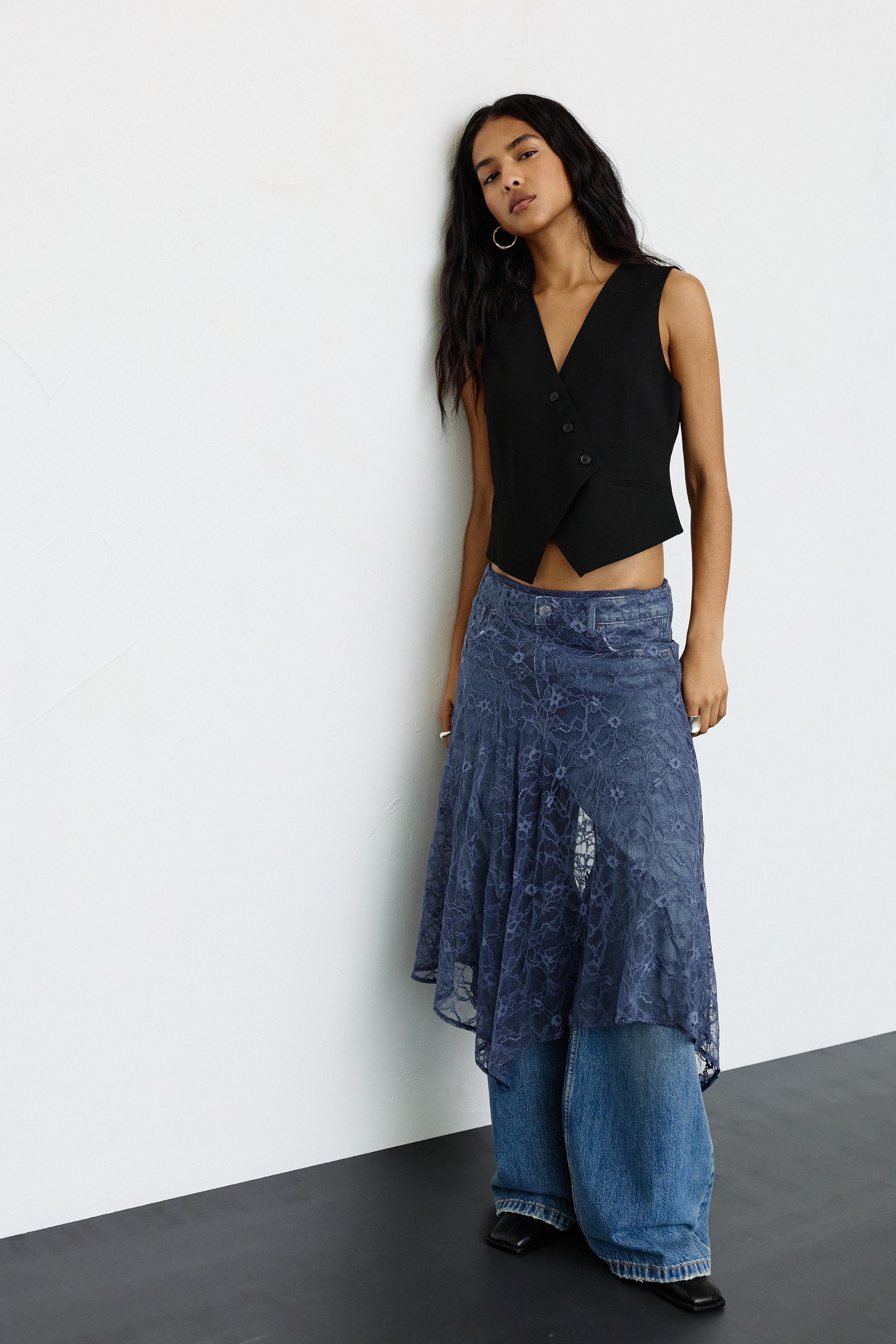 Asymmetric lace midi skirt - pull&bear