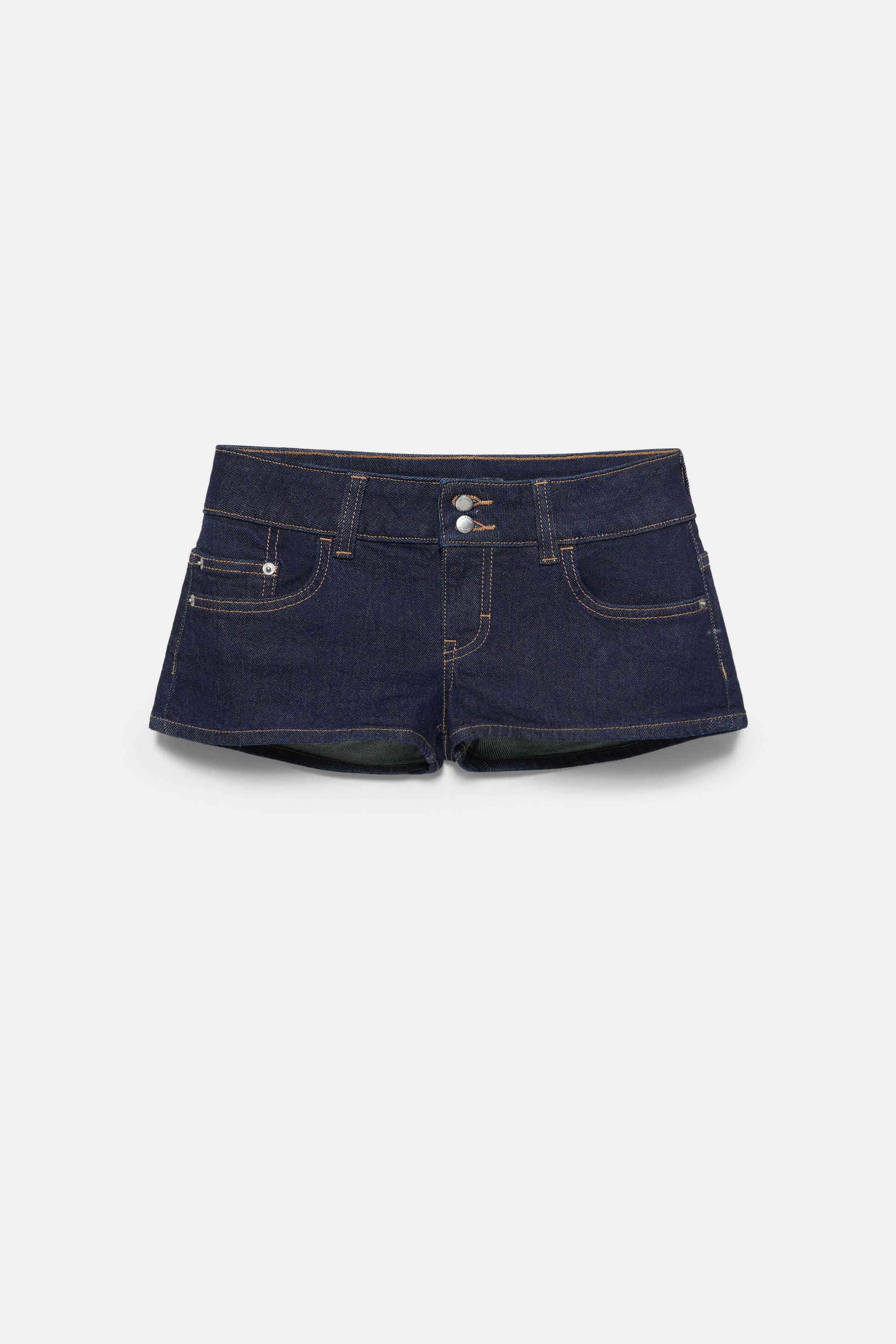 Double-button mini denim shorts — Navy