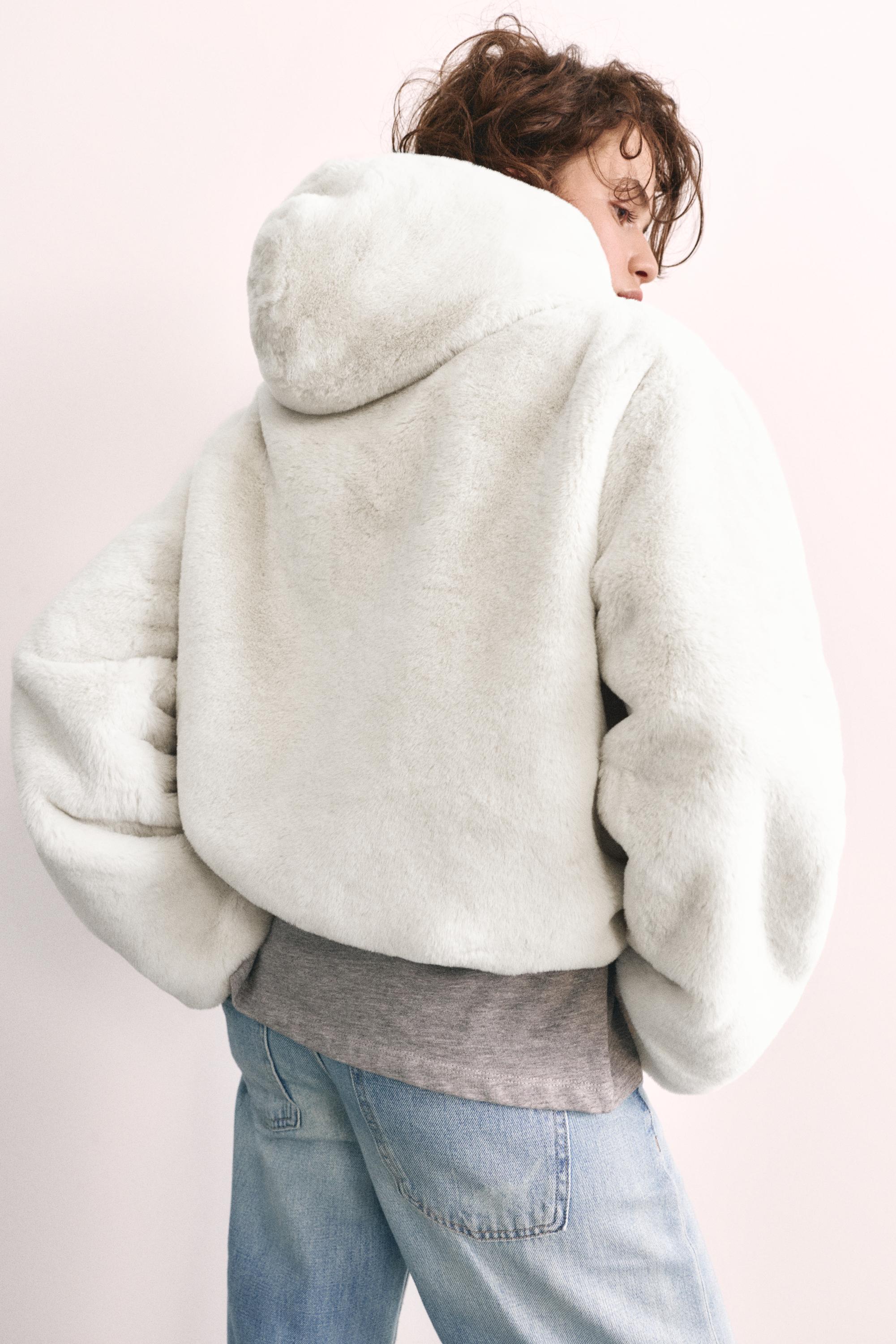 Hooded faux fur jacket — Ecru