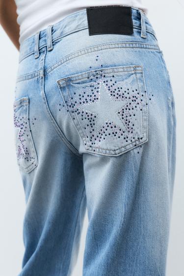 Low-rise straight-leg rhinestone jeans — Pale blue 2