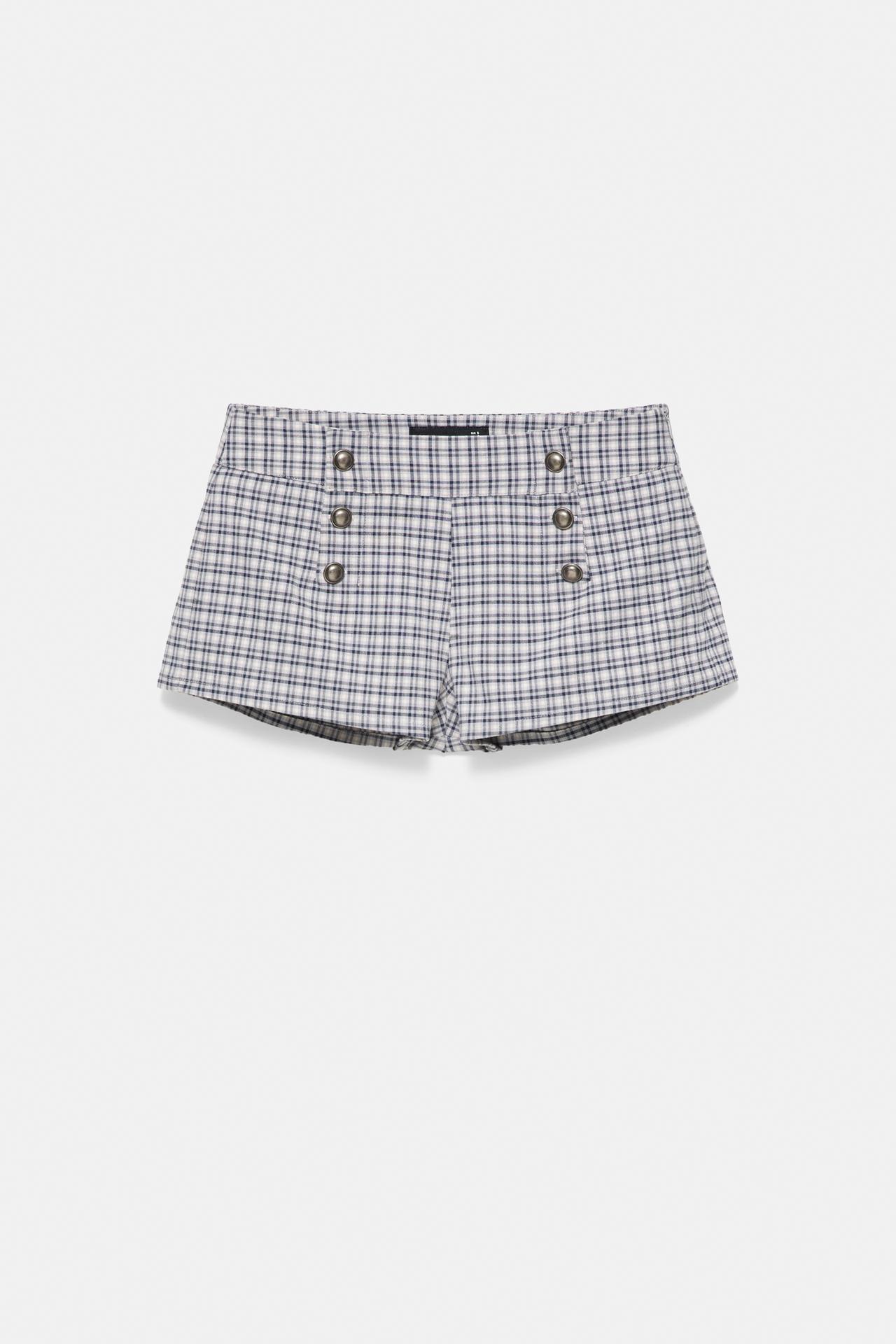 Check mini shorts with buttons — Ecru/Blue