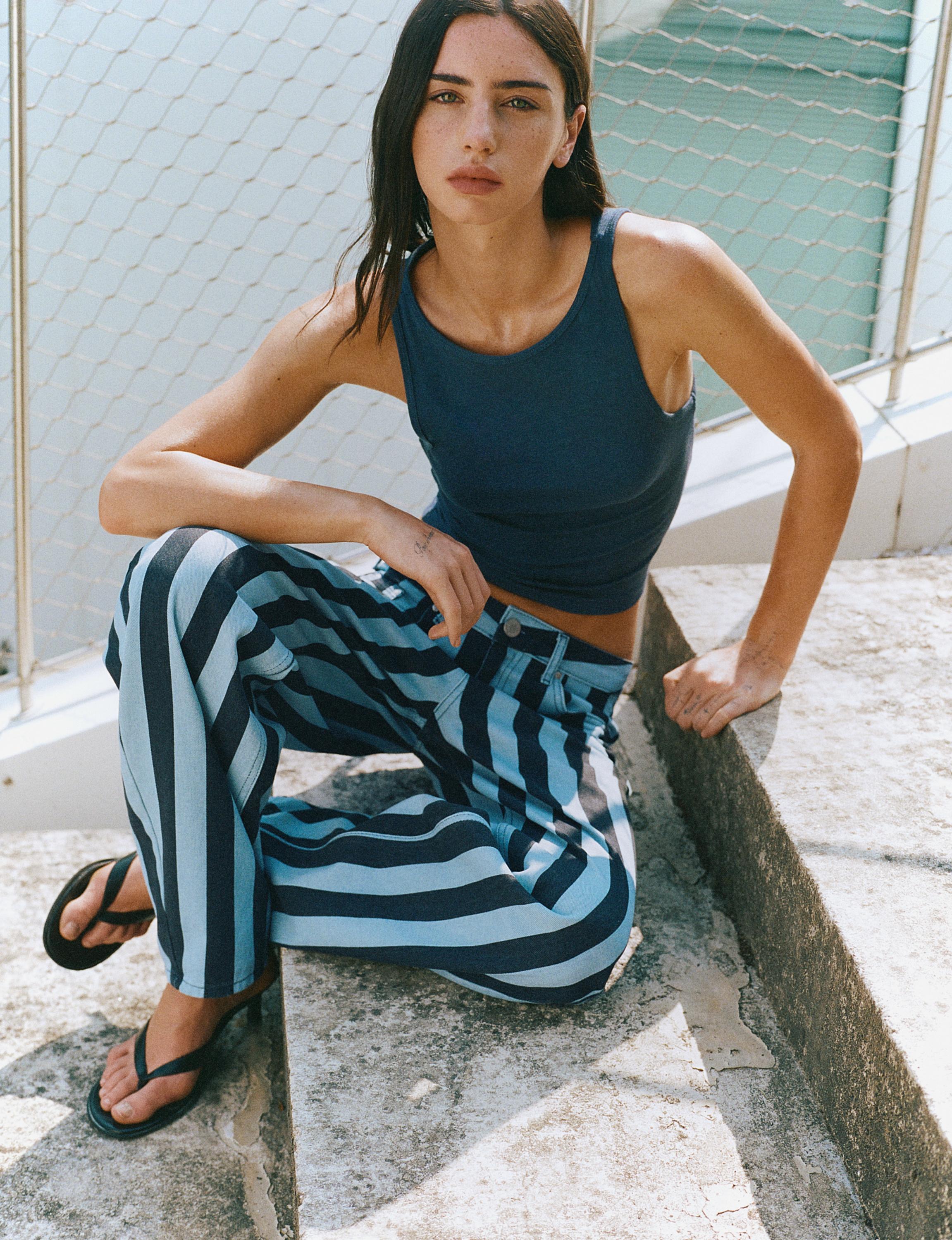 Striped barrel jeans — Turquoise