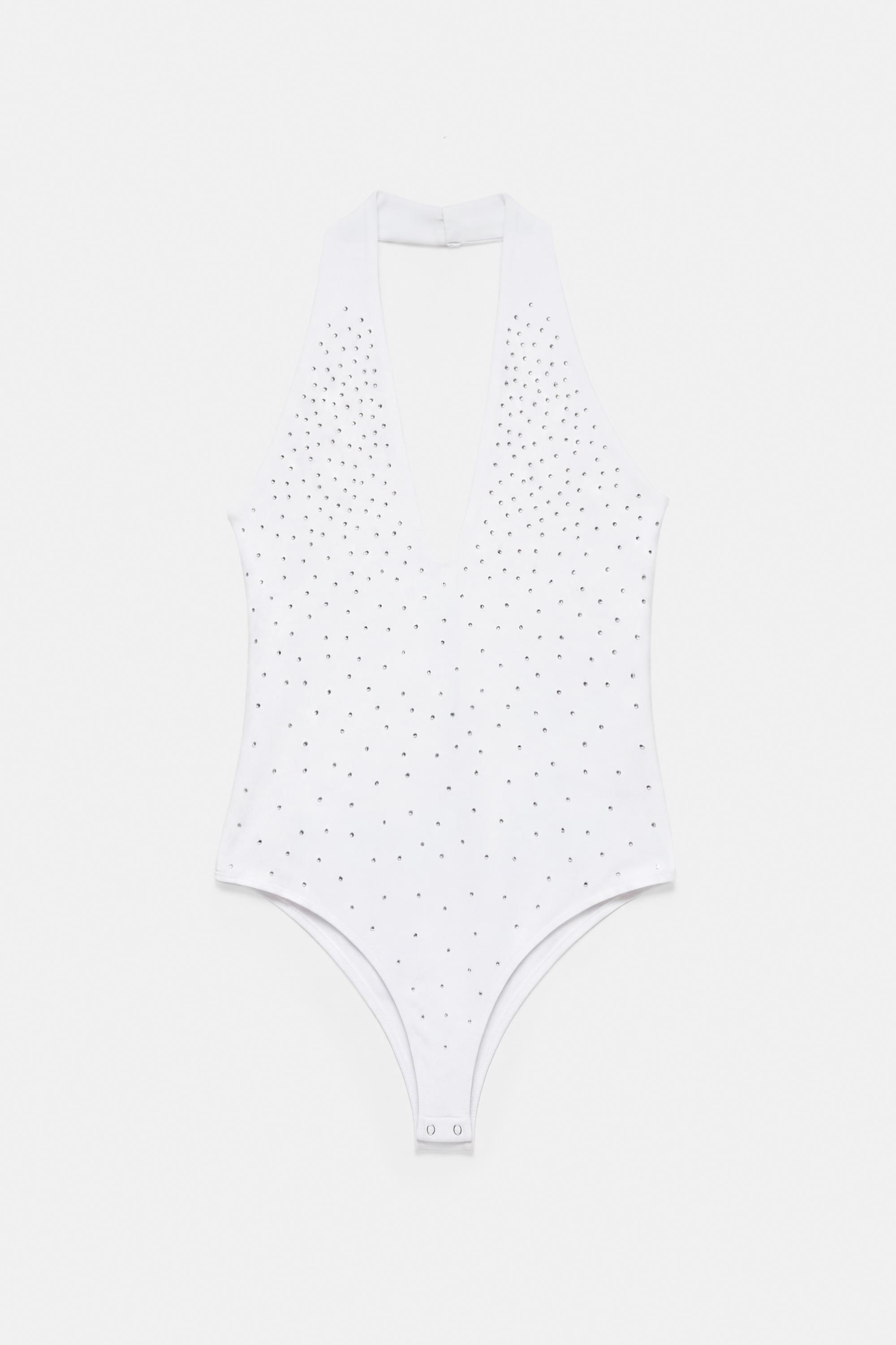 Rhinestone halter bodysuit — White