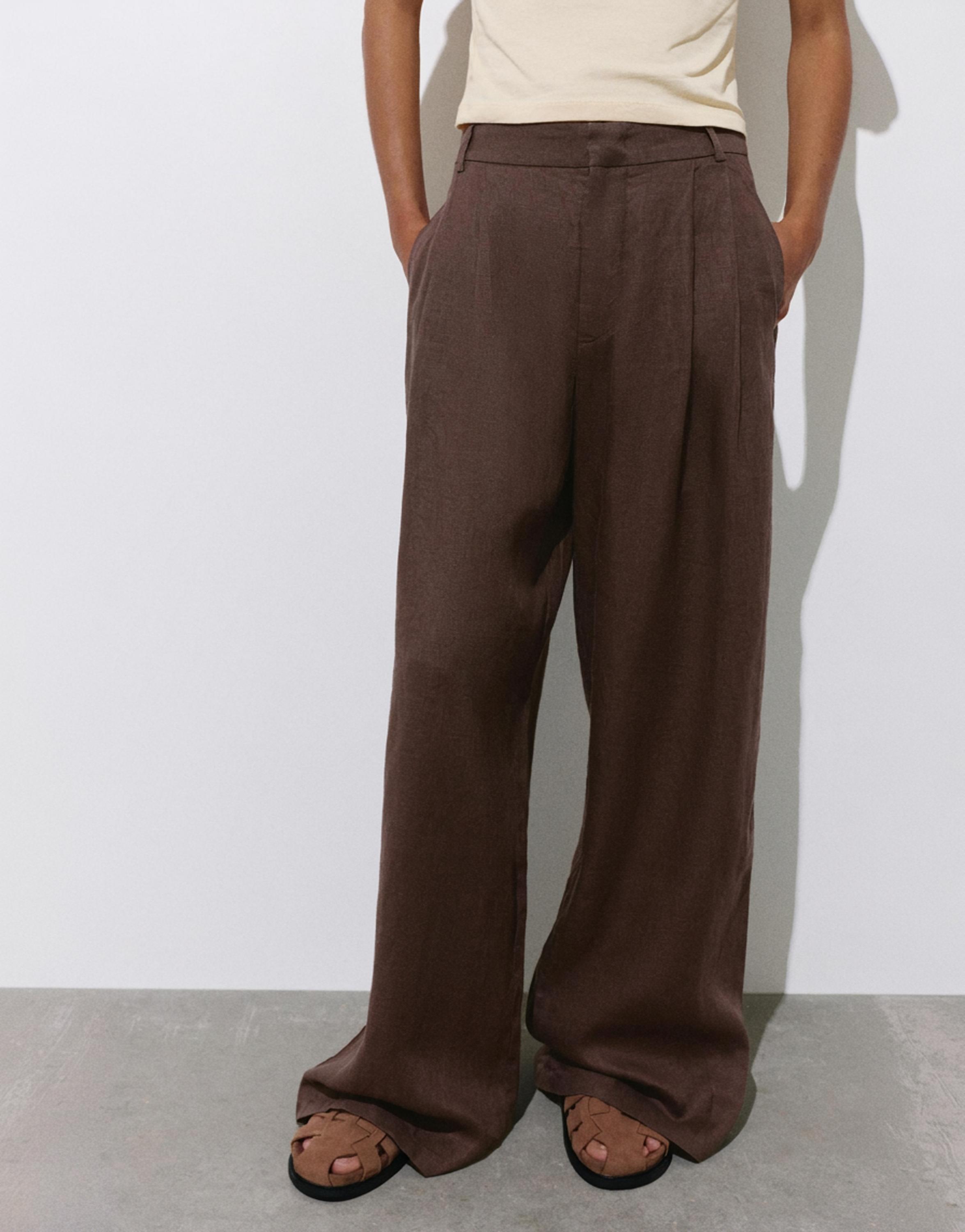 Wide-leg 100% linen trousers — Taupe