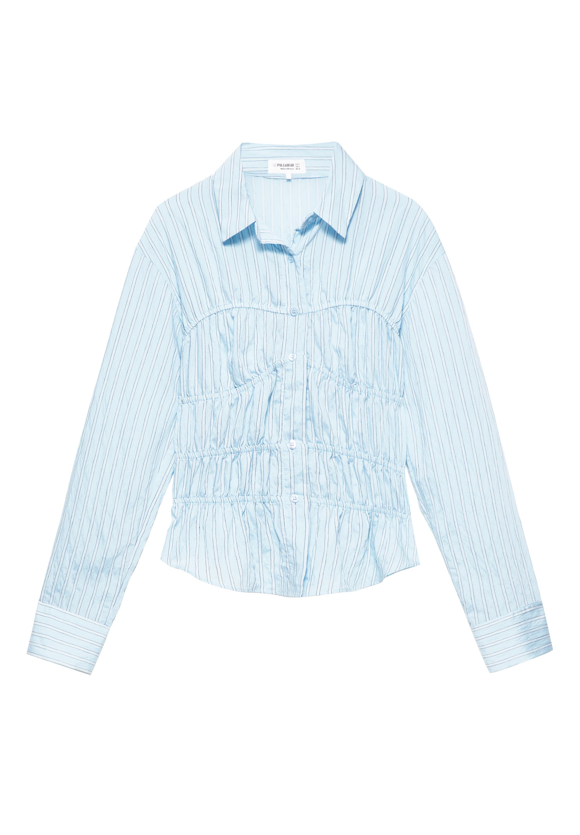 Striped long sleeve gathered shirt — White/Sky Blue