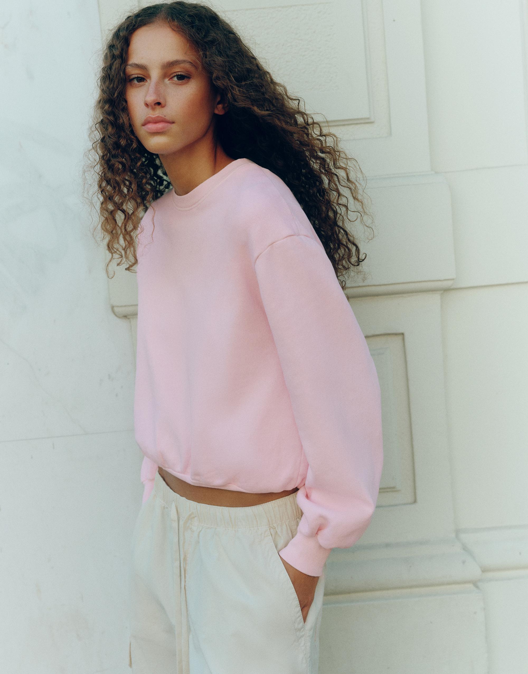 Cropped round neck sweatshirt — Pink