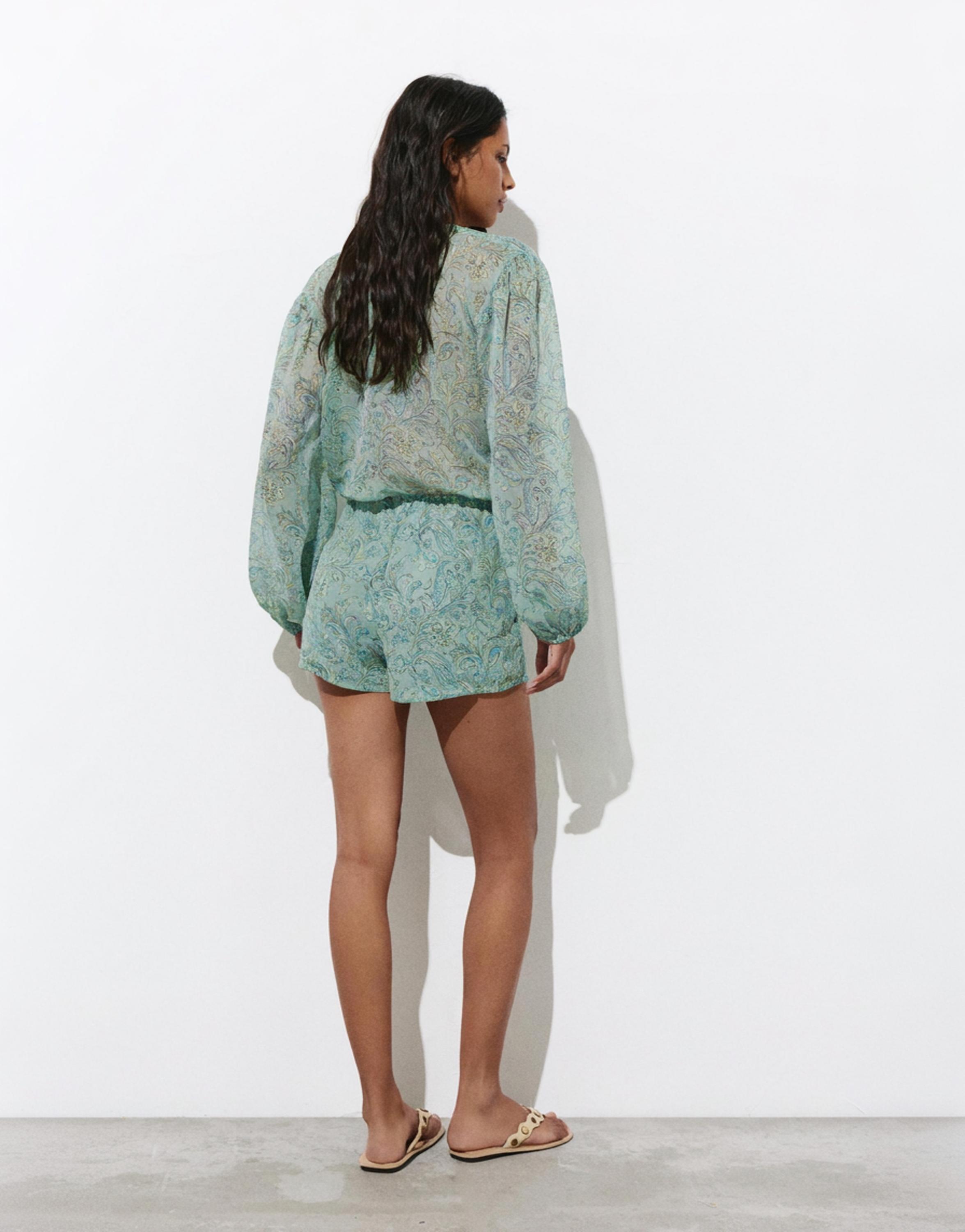 Printed gathered romper — Turquoise
