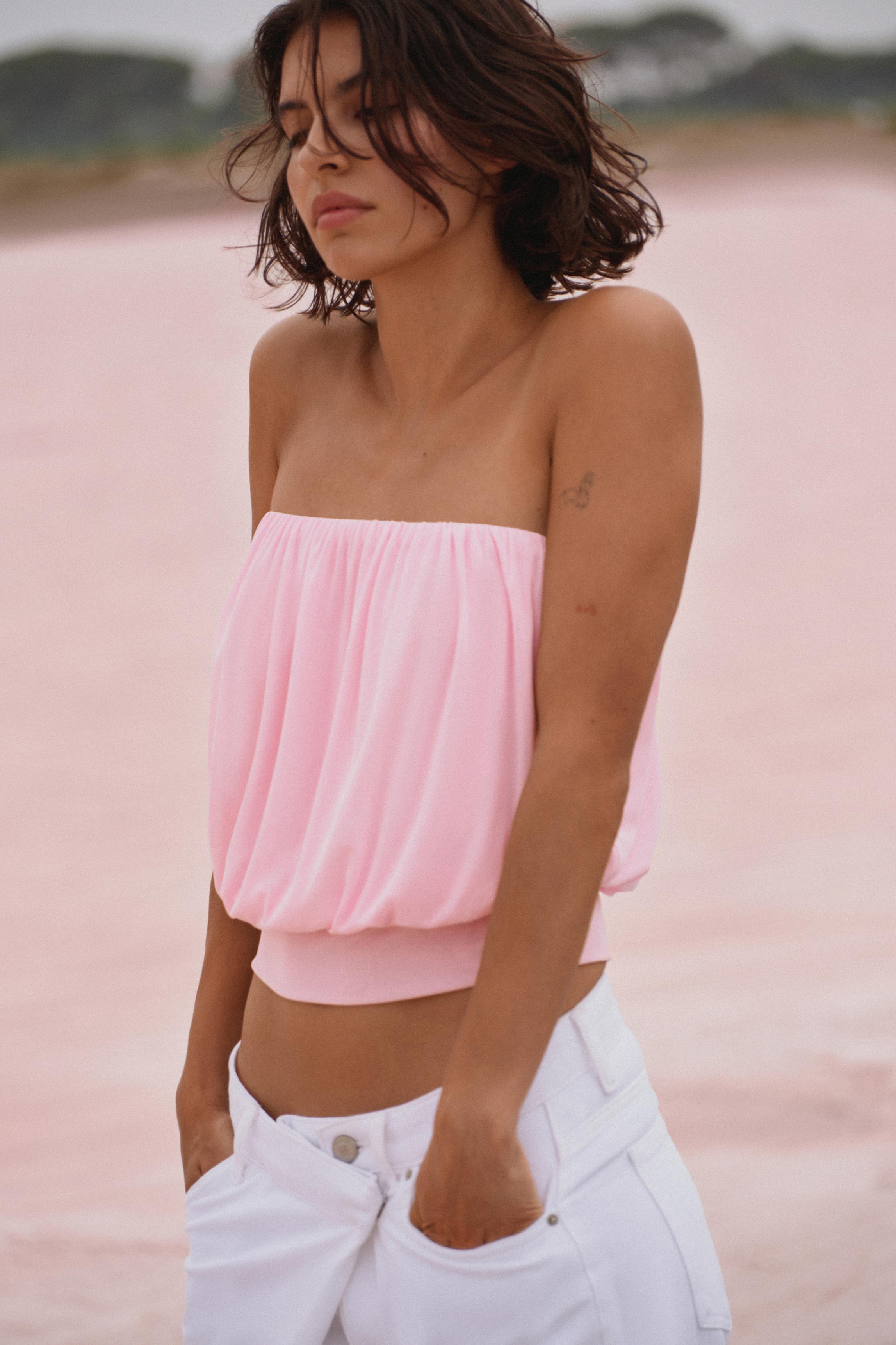 Strapless top with waistband — White/Pink