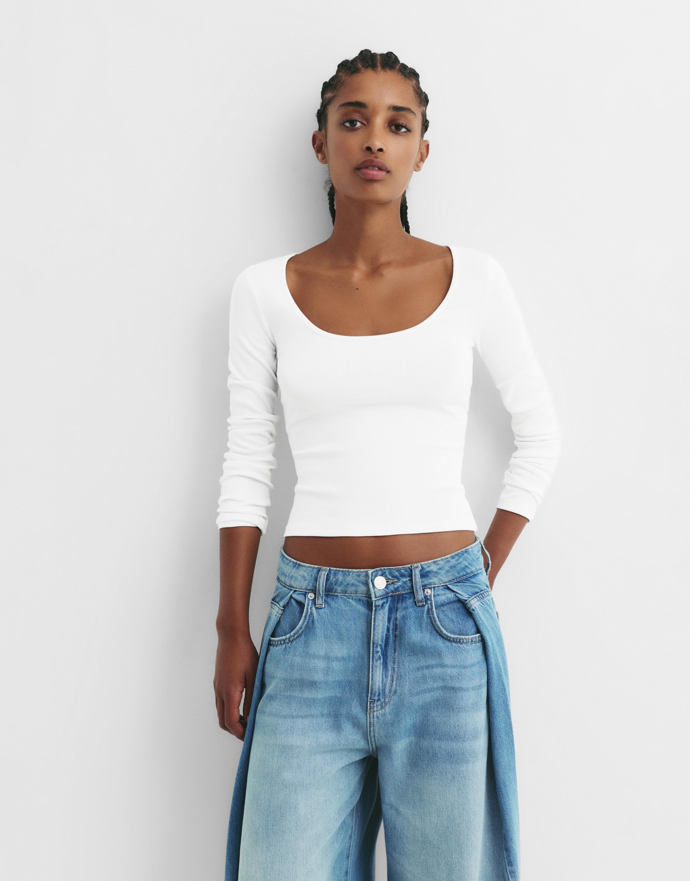 Ribbed round neck T-shirt — White