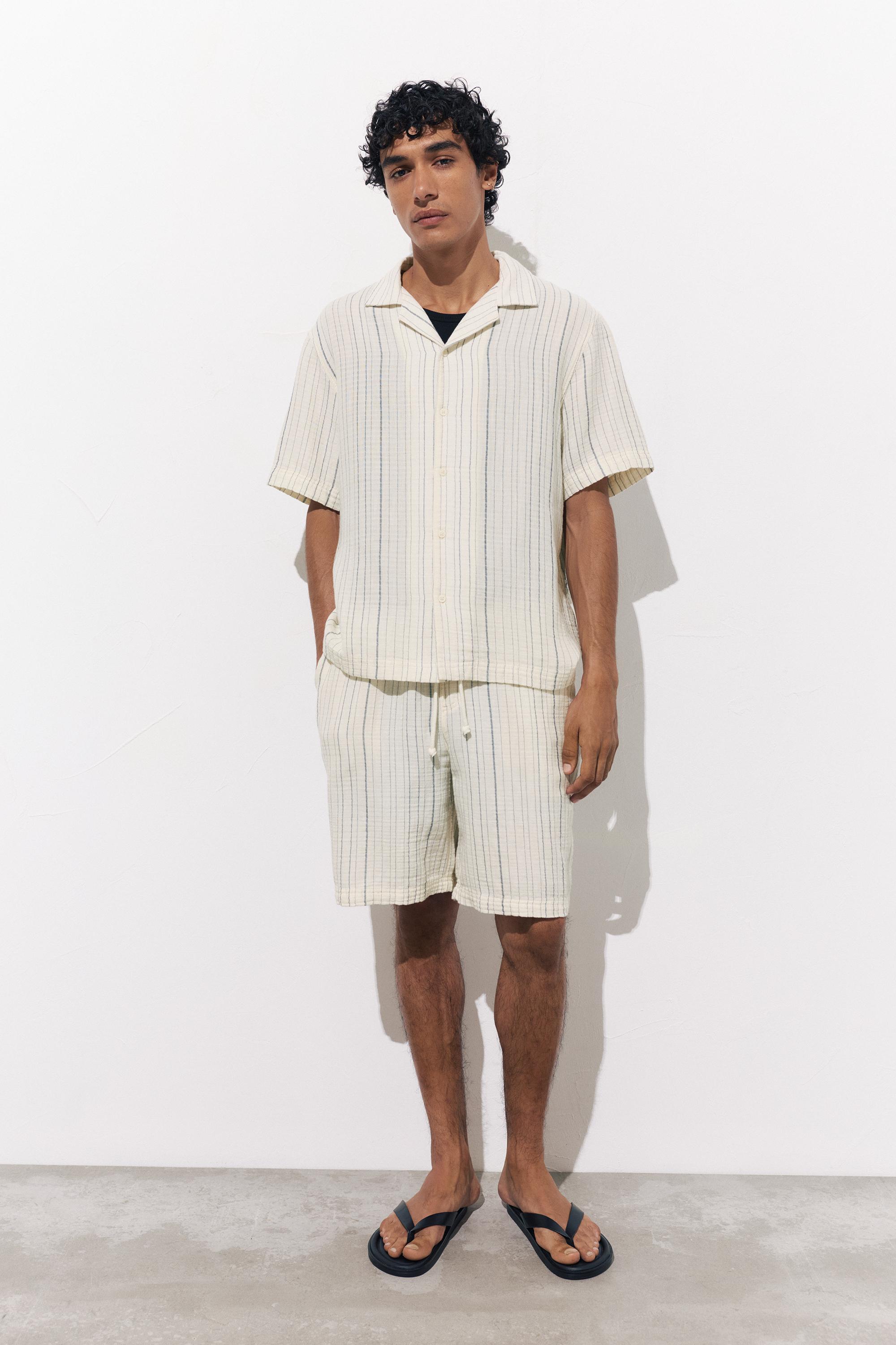 Short sleeve striped crepe shirt — White/Navy