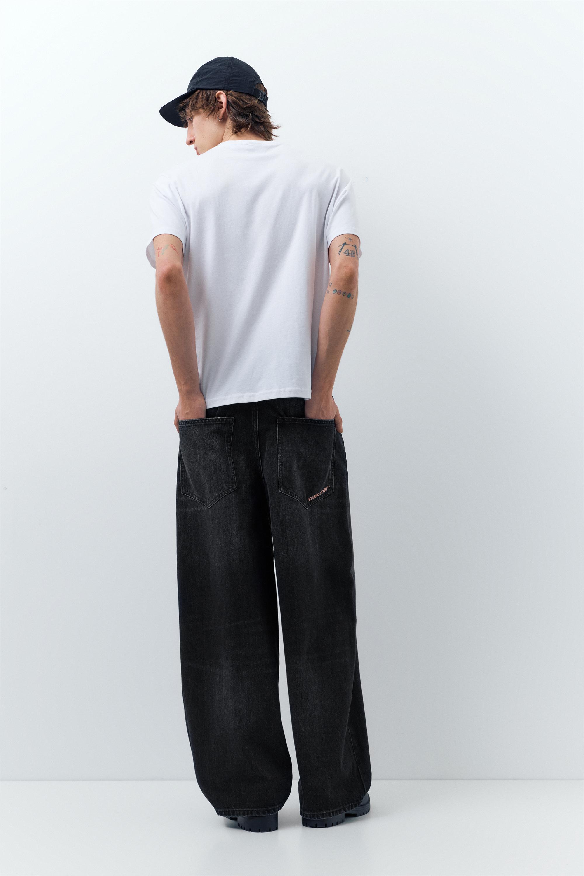 Embroidered super baggy jeans — Faded black