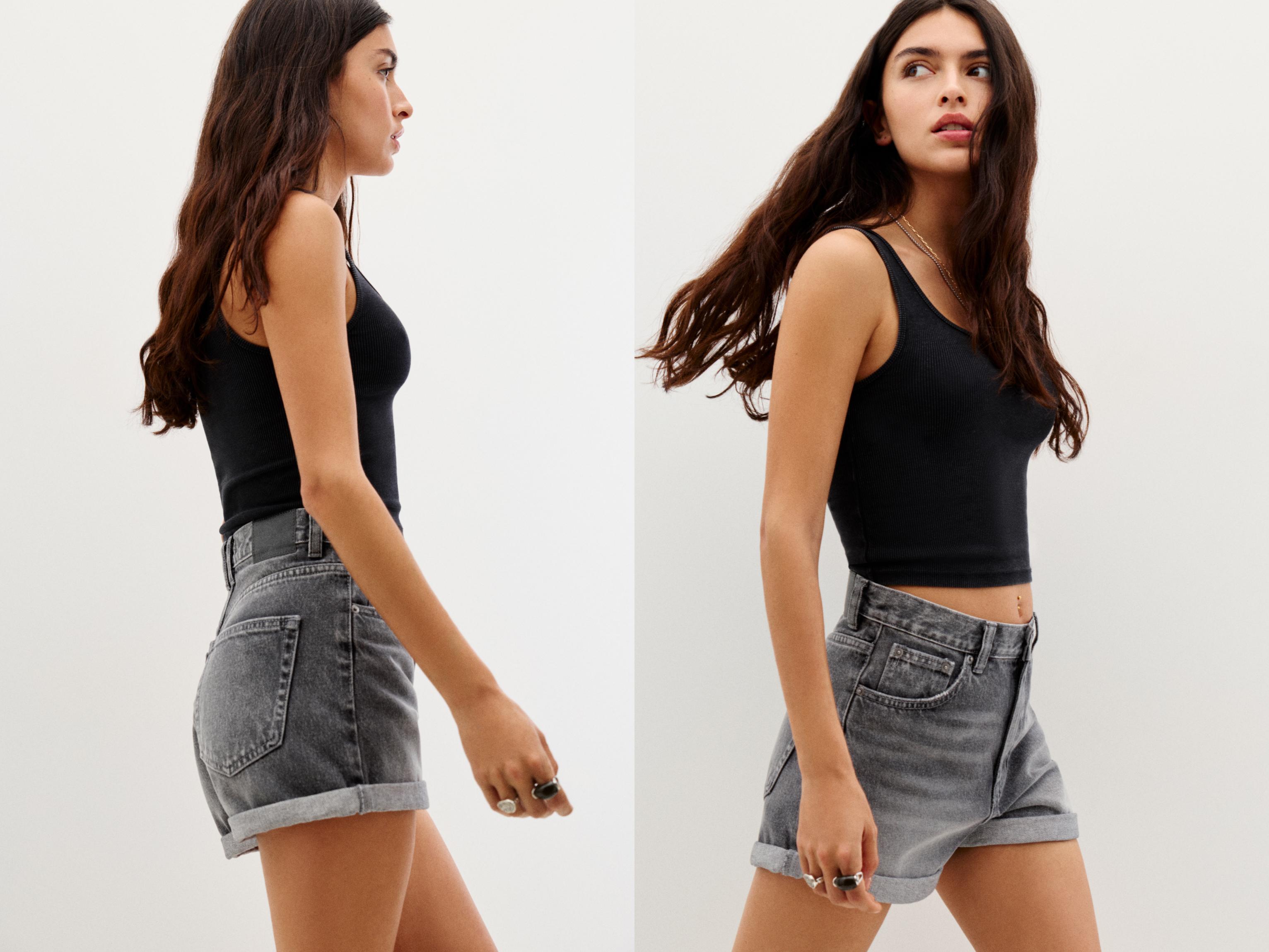 Denim turn-up mom shorts — Grey