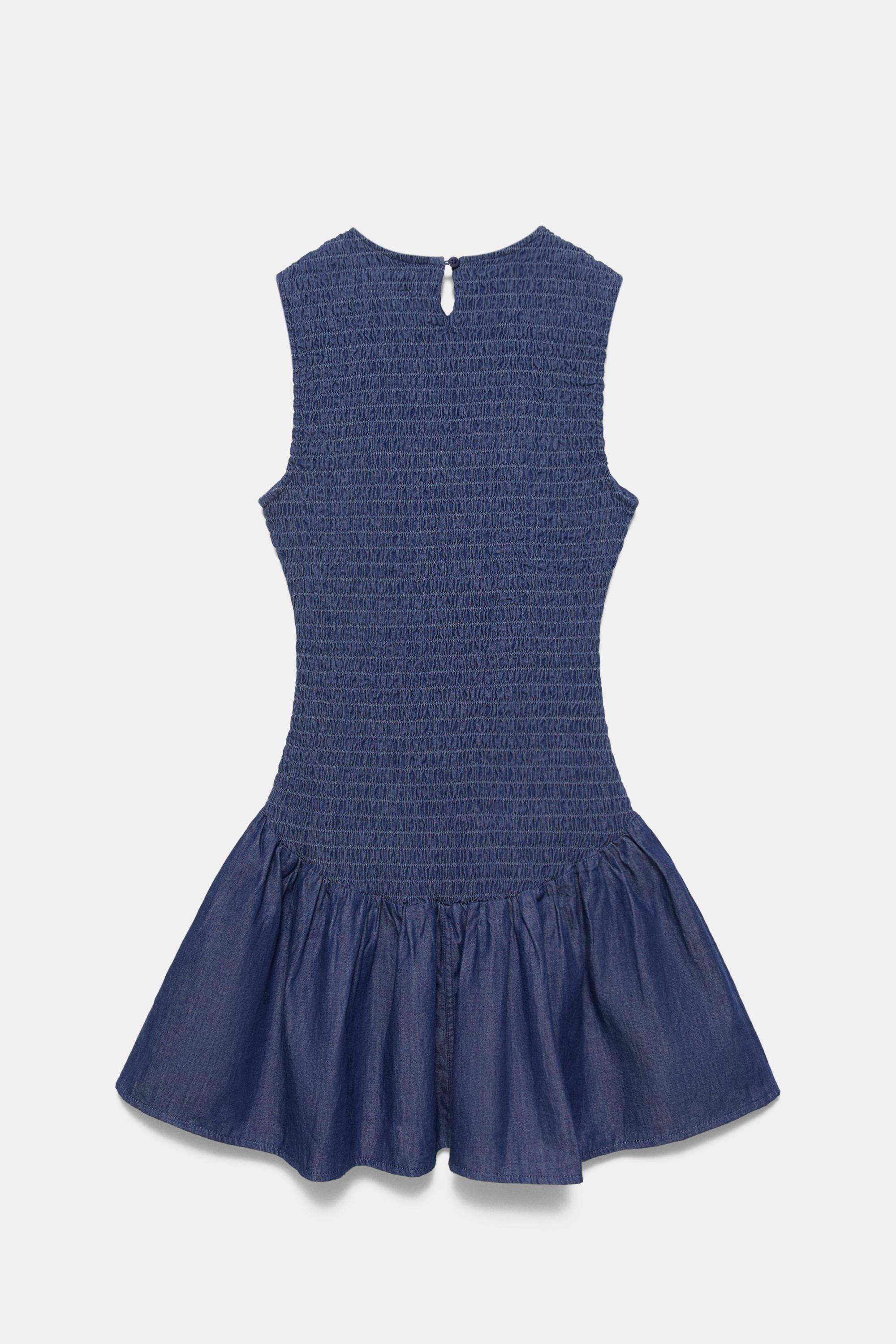 Short smocked denim dress — Dark blue