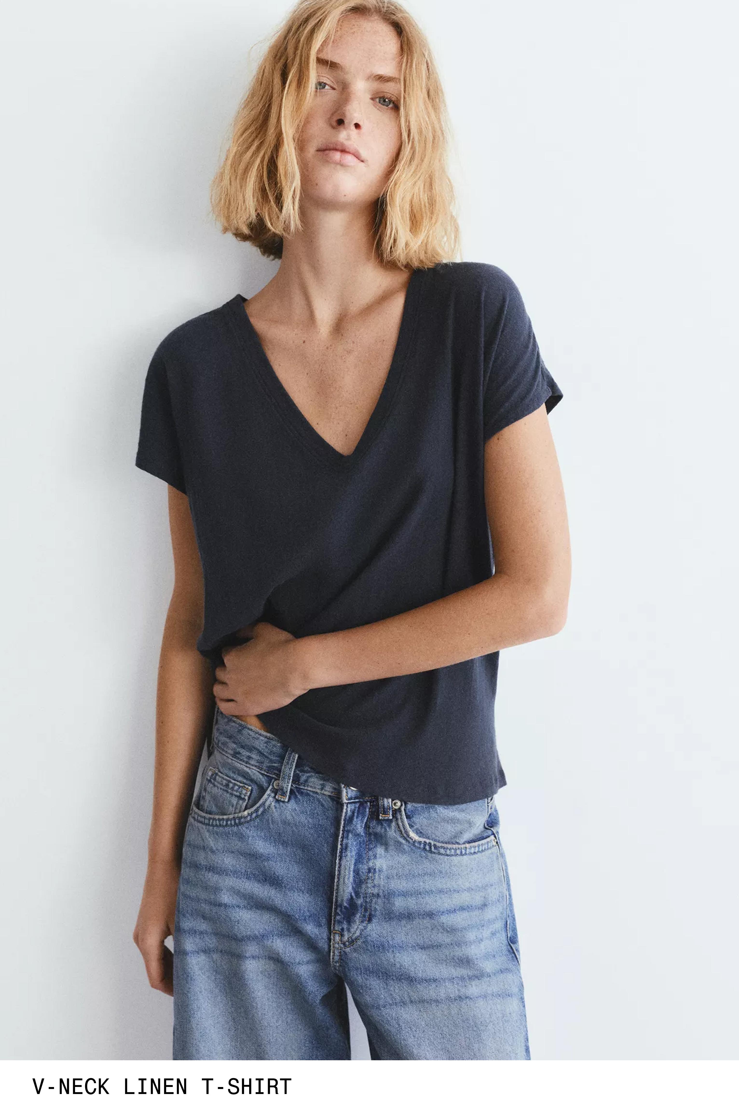 V-neck linen T-shirt — Medium grey