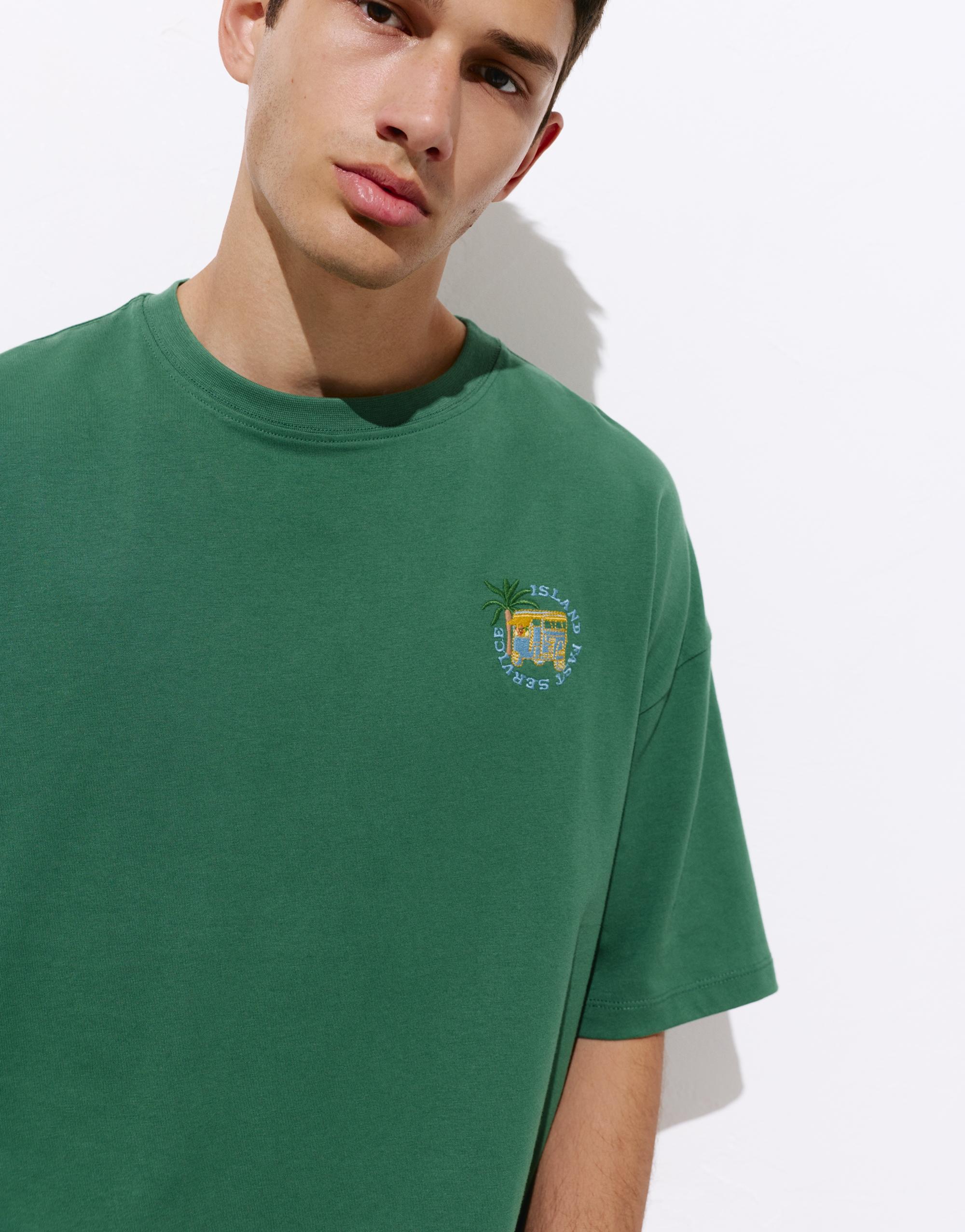 Relaxed embroidered T-shirt — Dark green marl