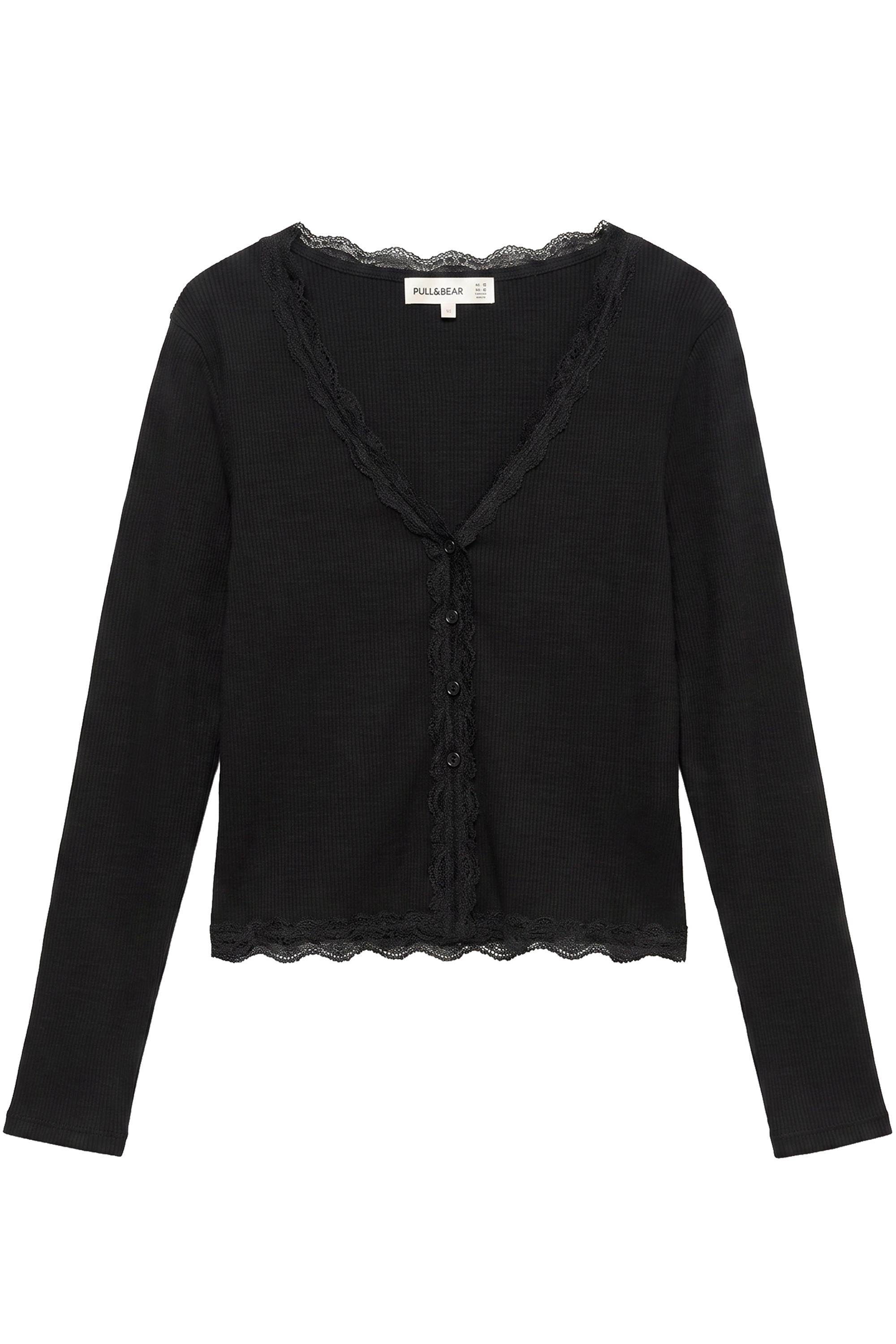 Buttoned lace T-shirt — Black