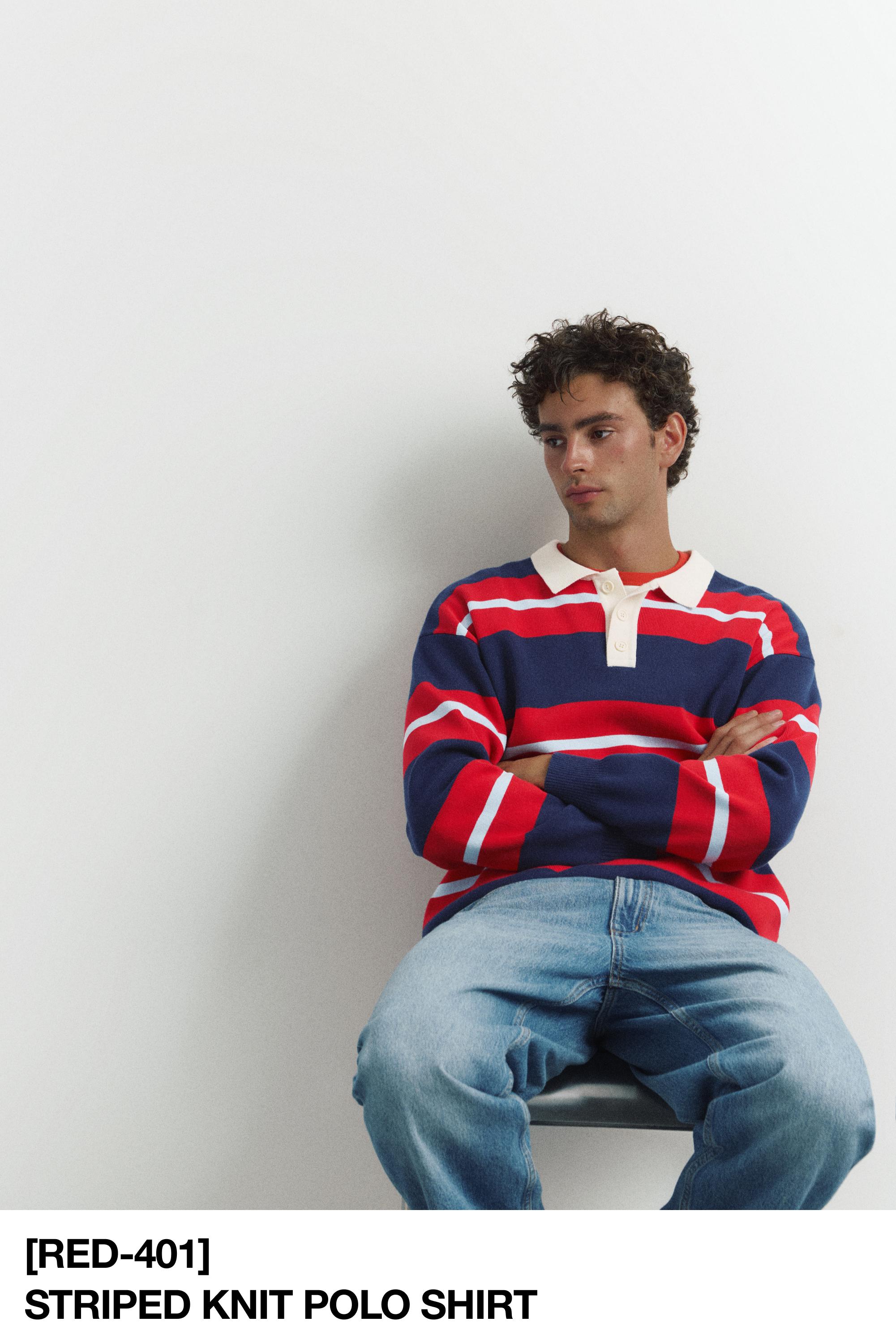 Striped knit polo shirt — Navy