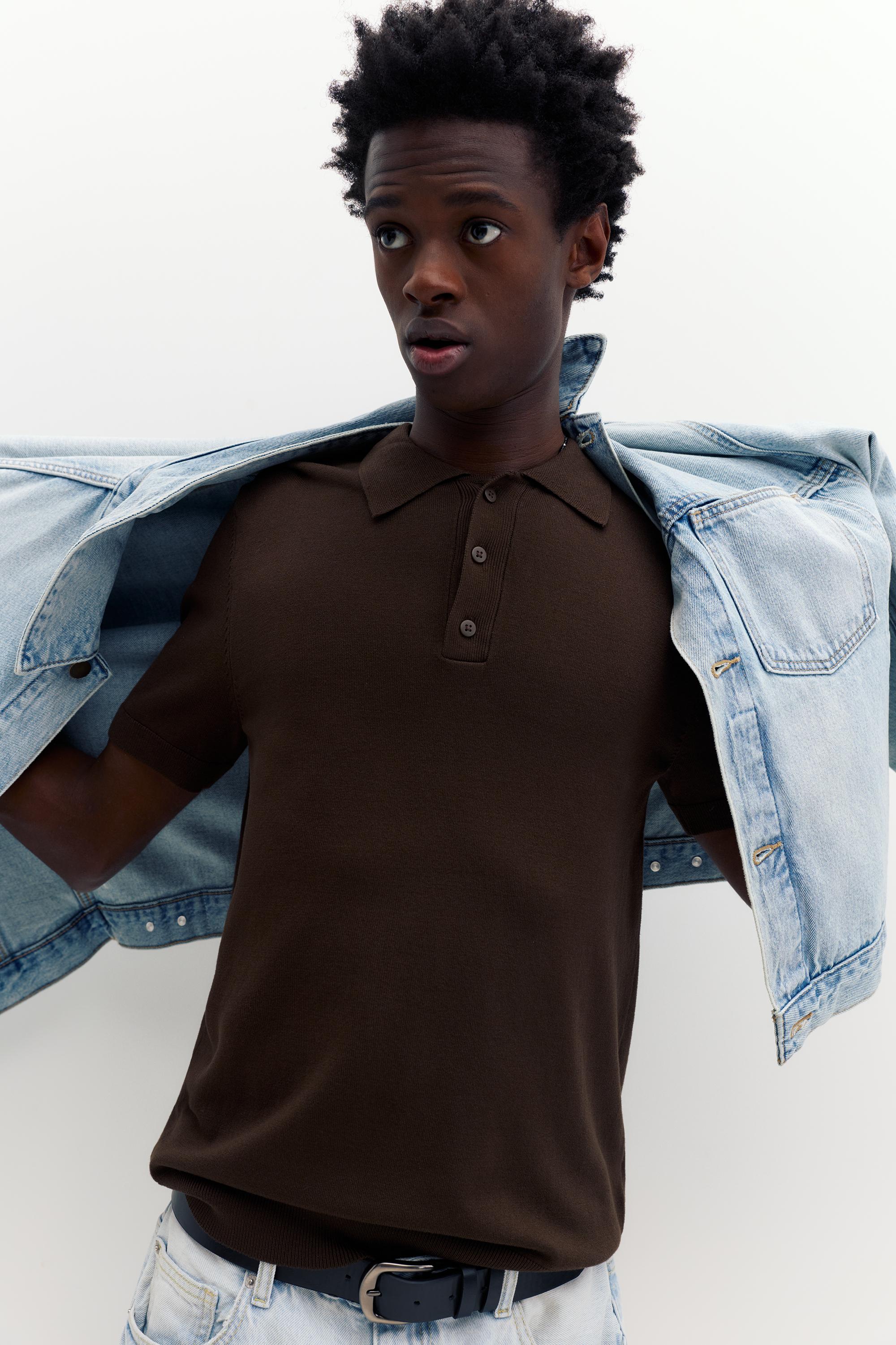 Short sleeve knit polo shirt — Chocolate