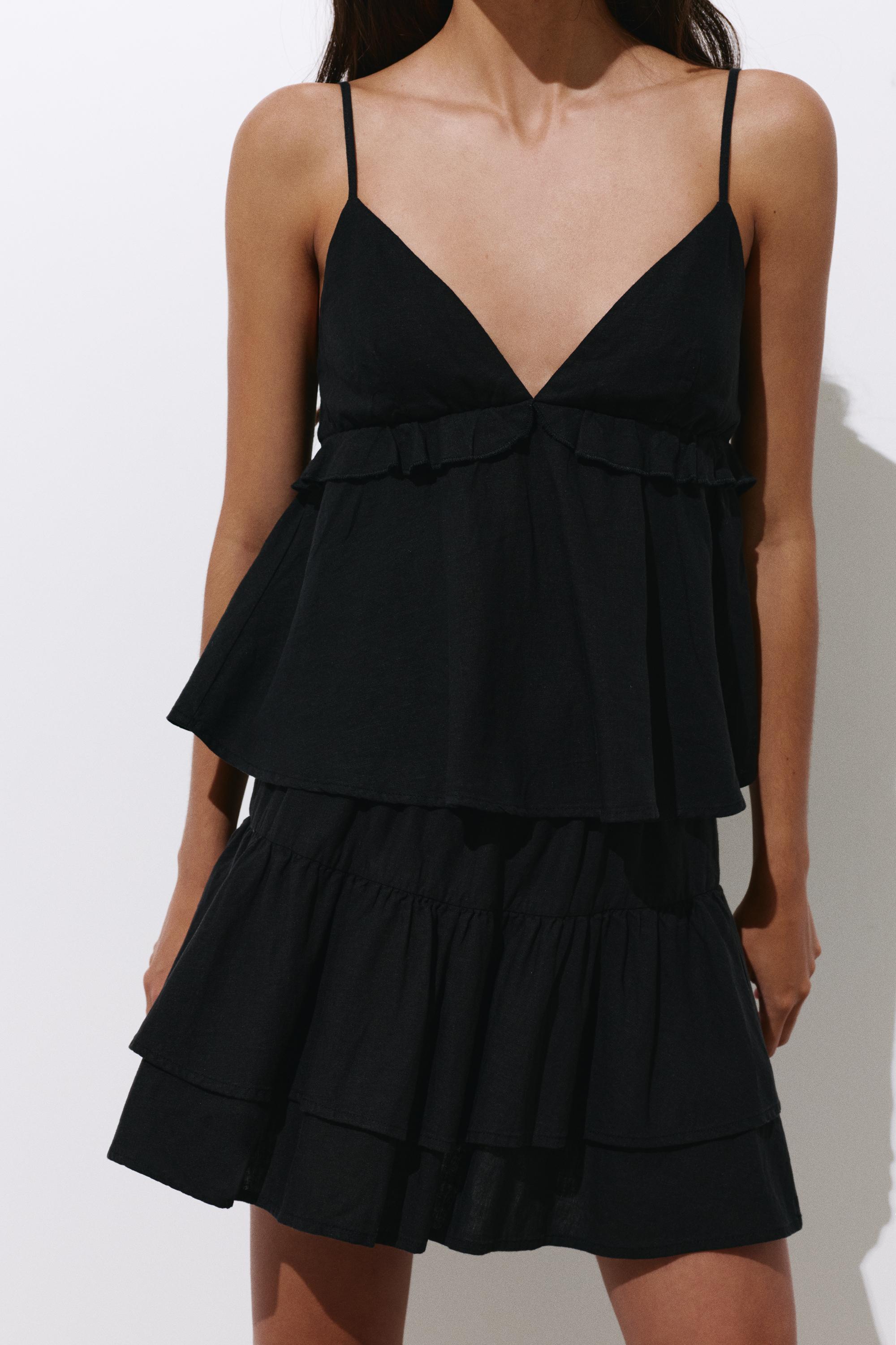 Ruffled mini skirt with linen — Black