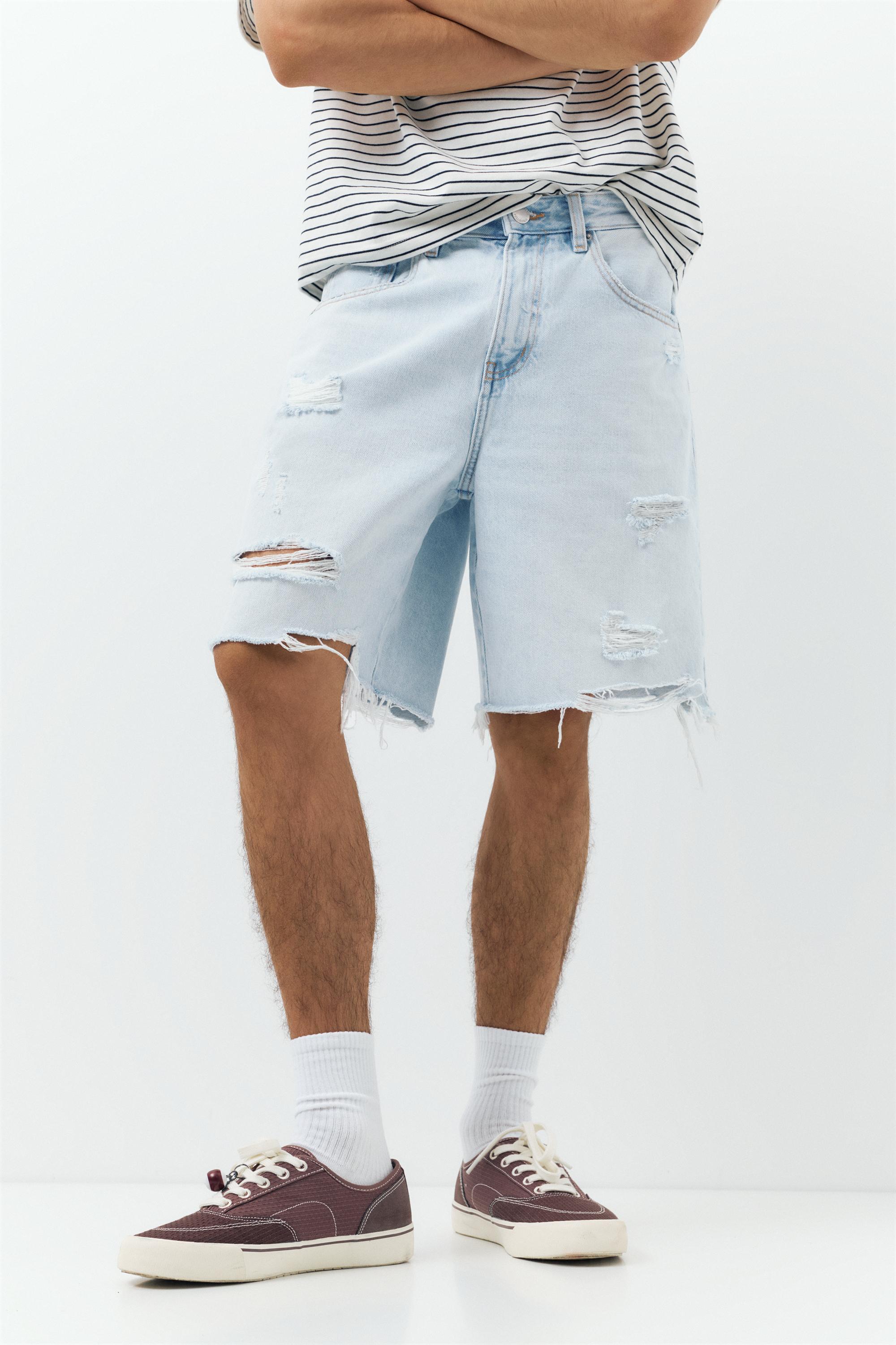 Straight-leg denim Bermuda shorts — Pale blue