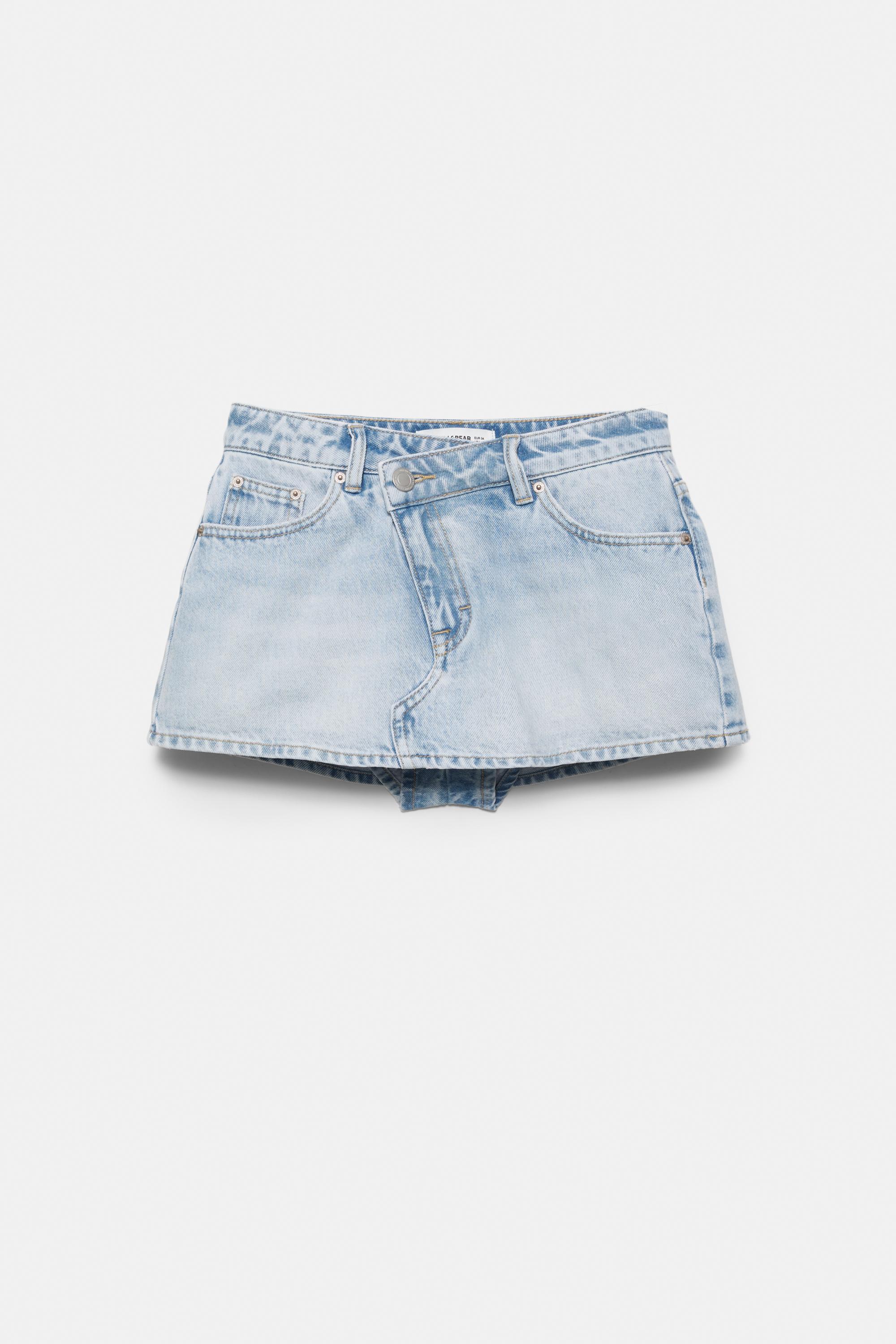 Cross-waist denim skort — Pale blue