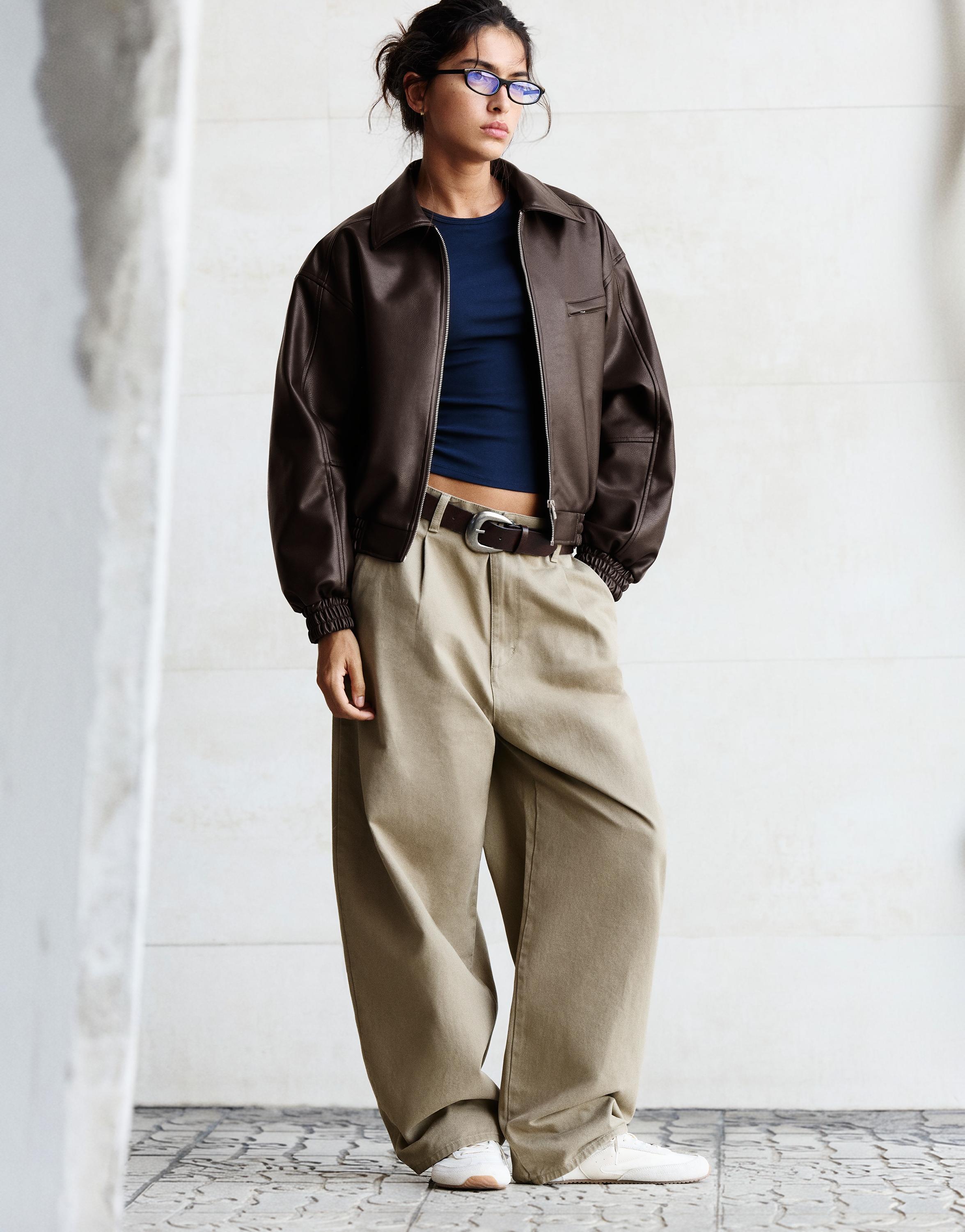 Leather effect dad jacket — Brown