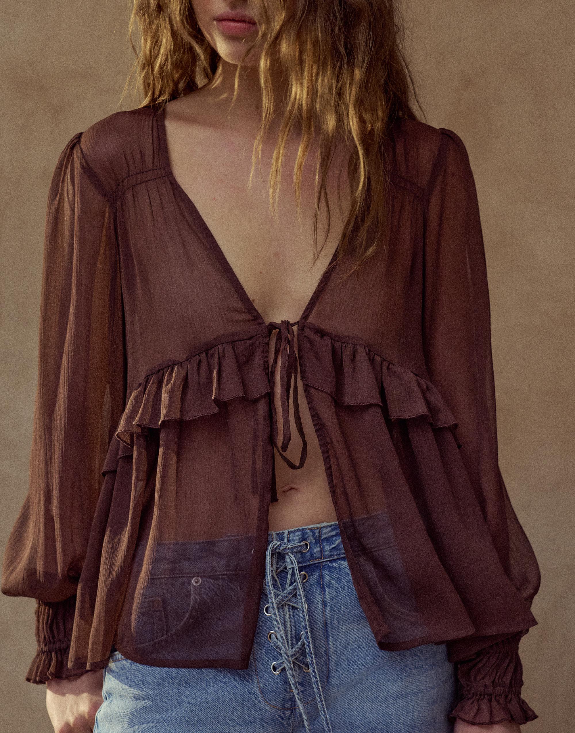 Sheer blouse with ruffle — Brown