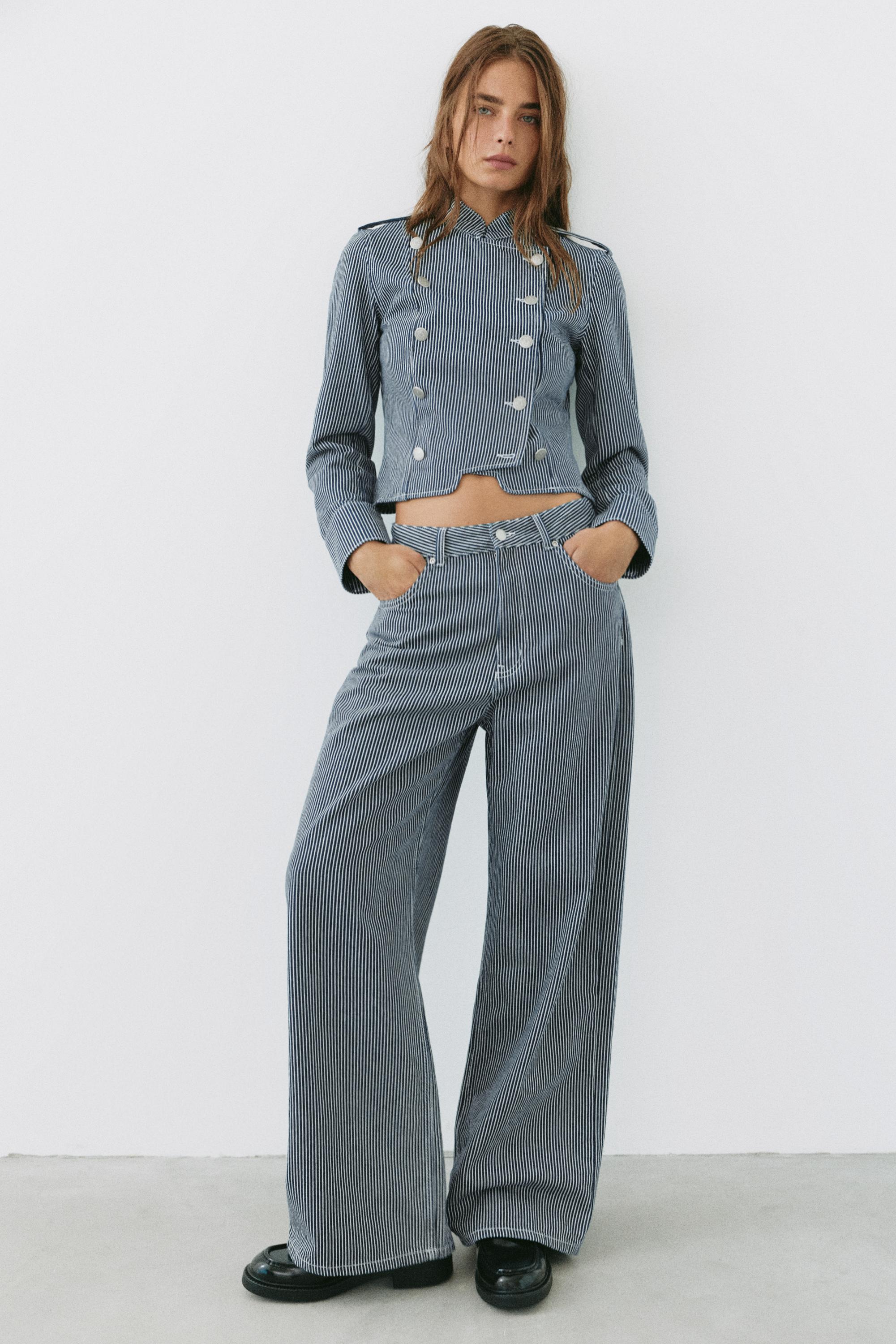 Striped buttoned denim jacket — Dark blue