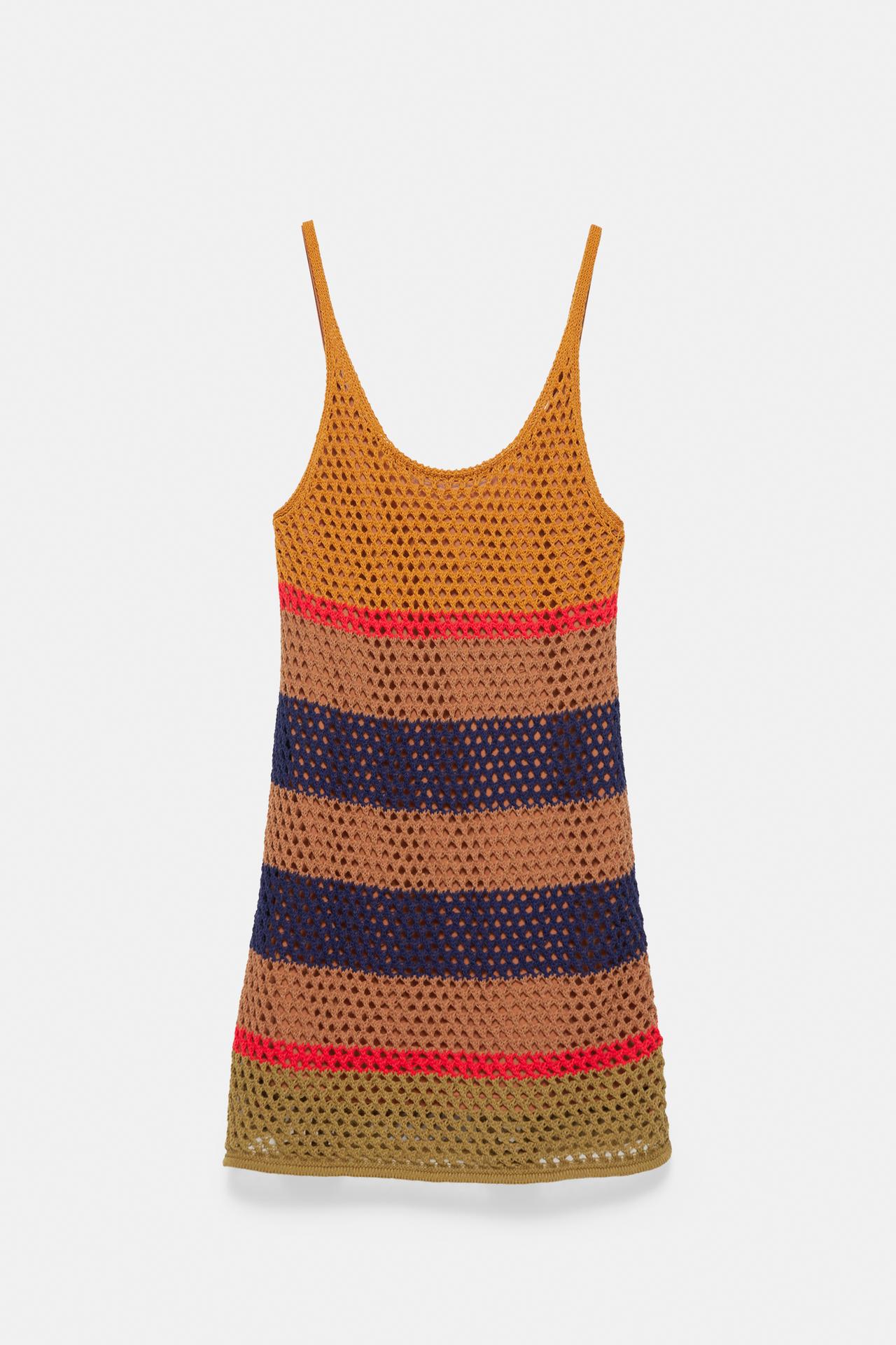 Short striped crochet dress — Brown
