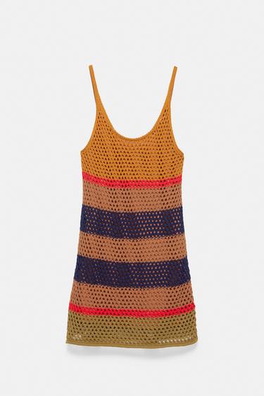 Short striped crochet dress — Brown 4