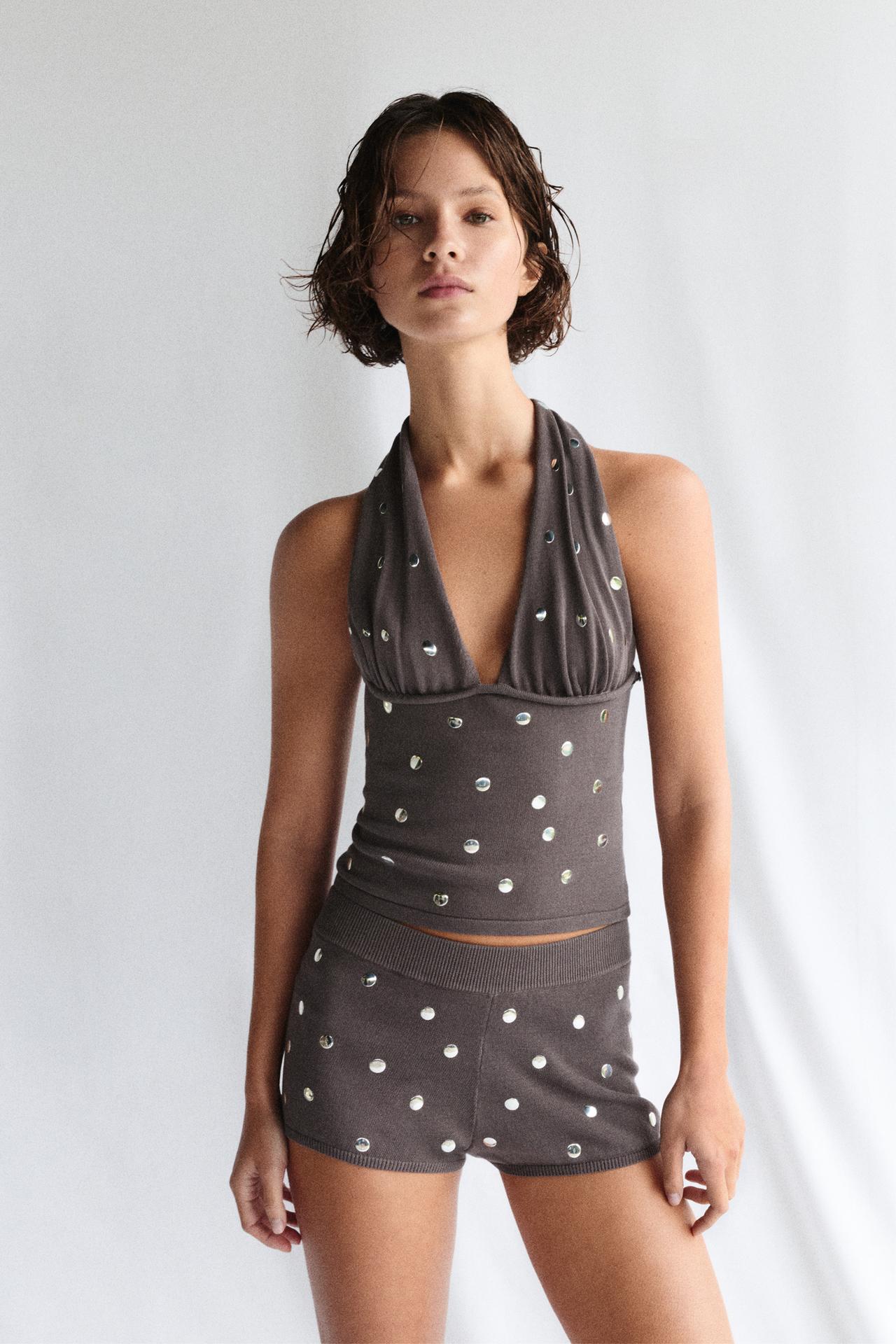 Studded knit shorts — Steel