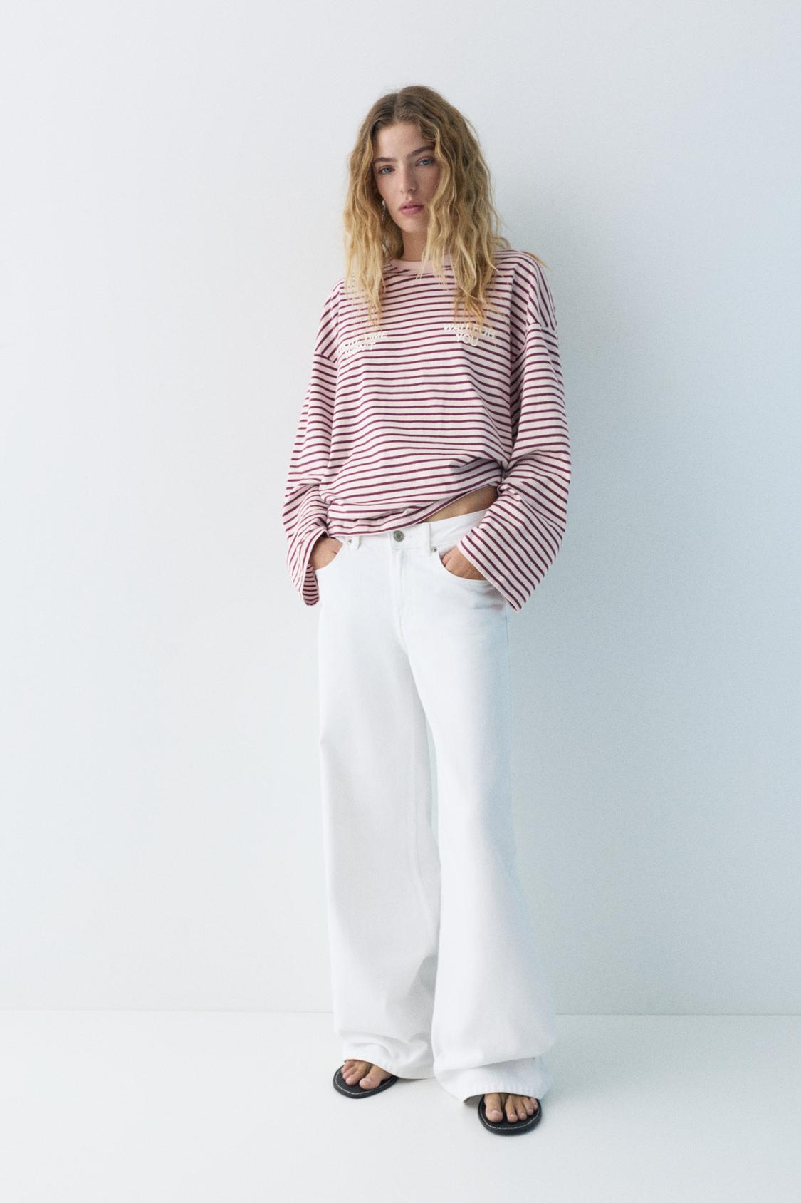 Top Rayé Pull&Bear - Taille S - Bordeaux - Coton - Occasion Très Bon état