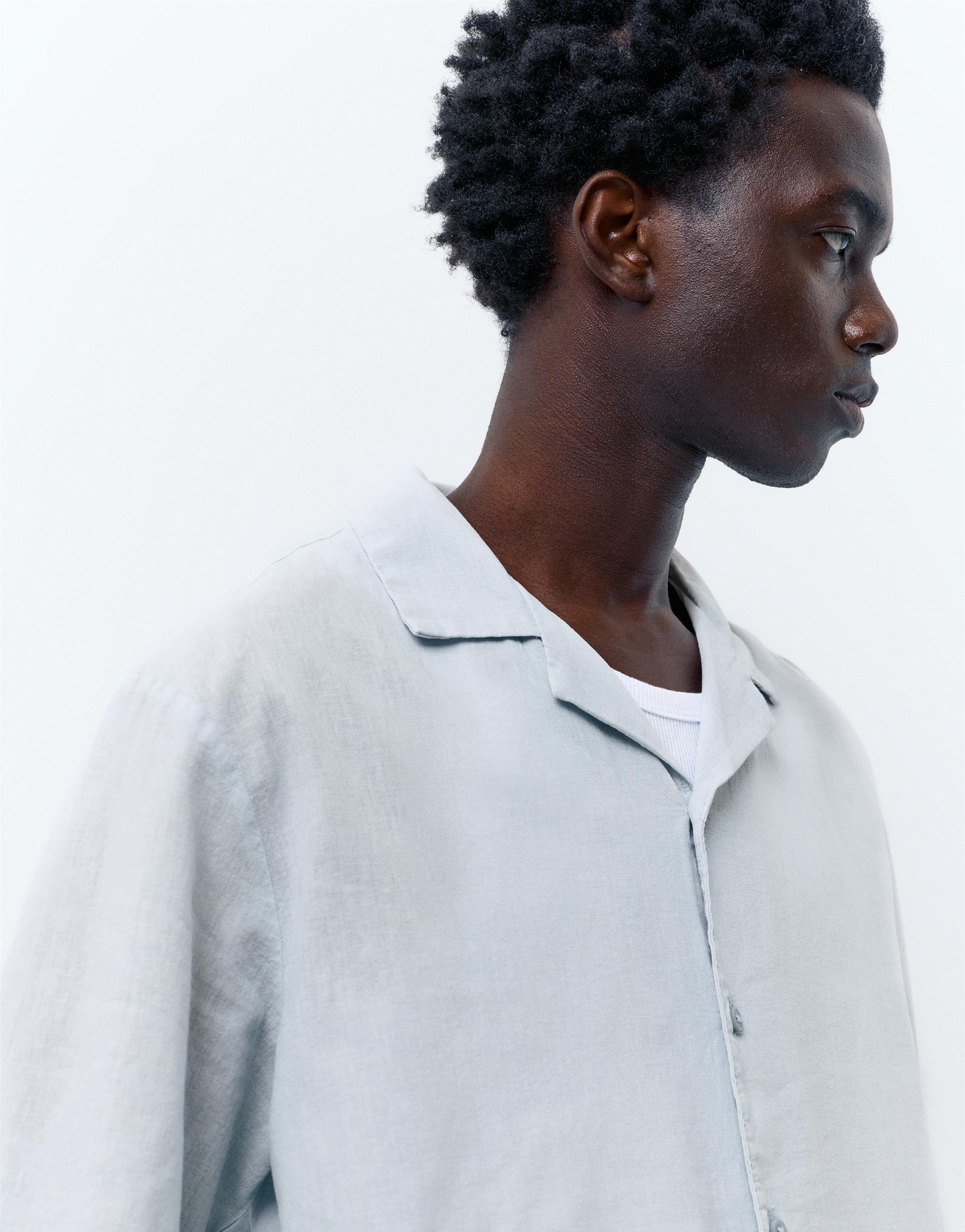 Short sleeve linen blend shirt — Pale blue