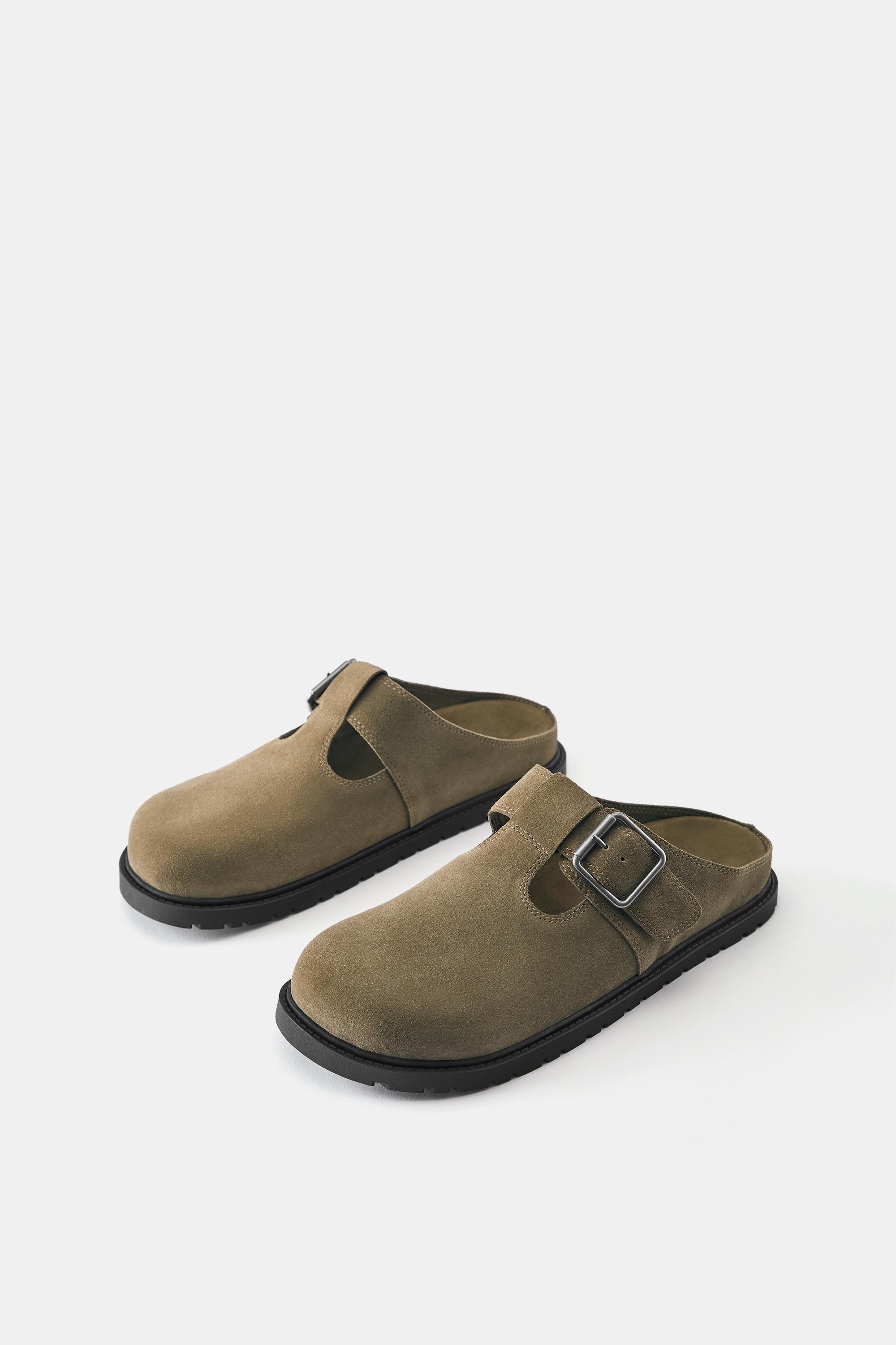 Leather buckle clogs — Khaki