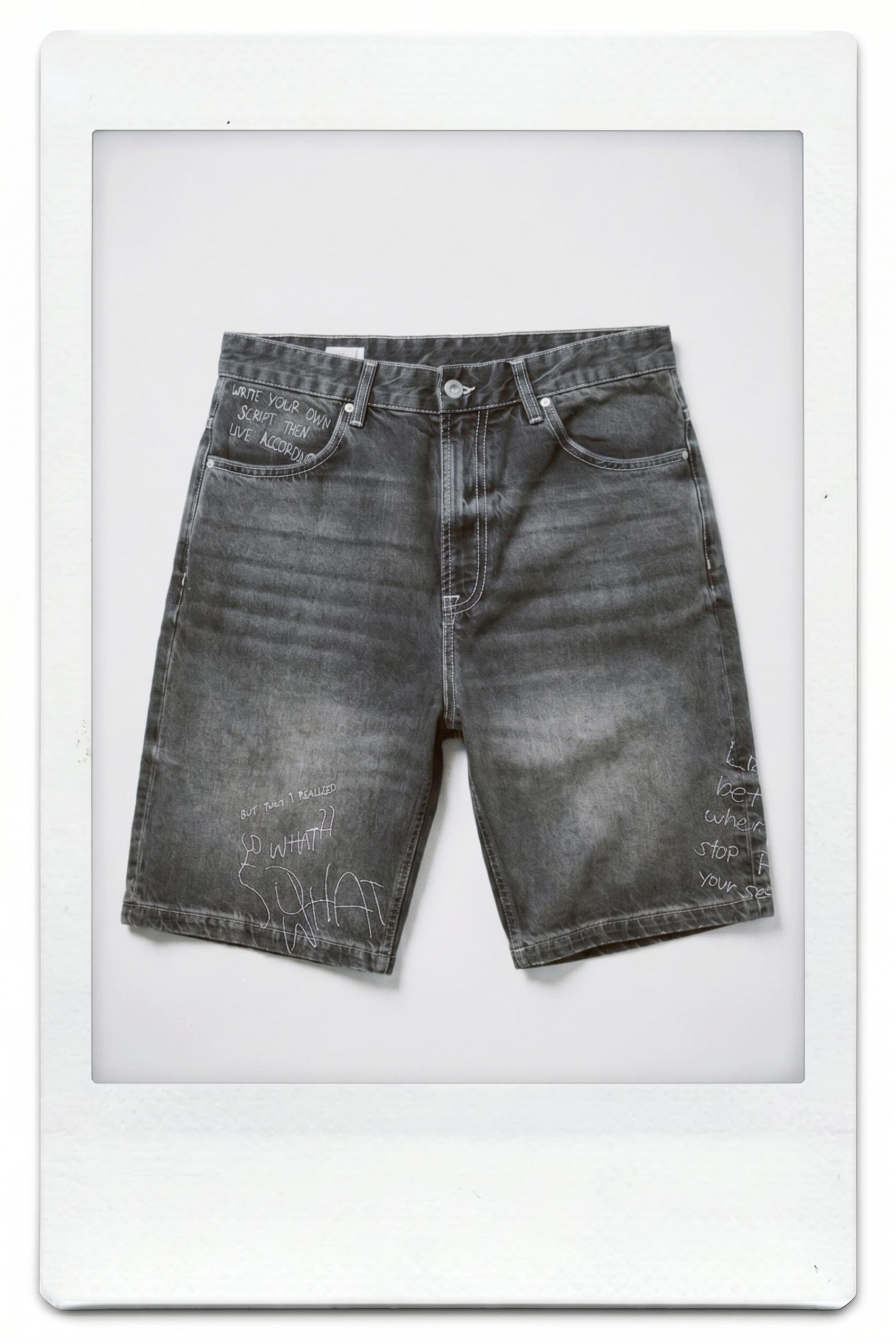 Embroidered baggy denim Bermuda shorts — Faded black