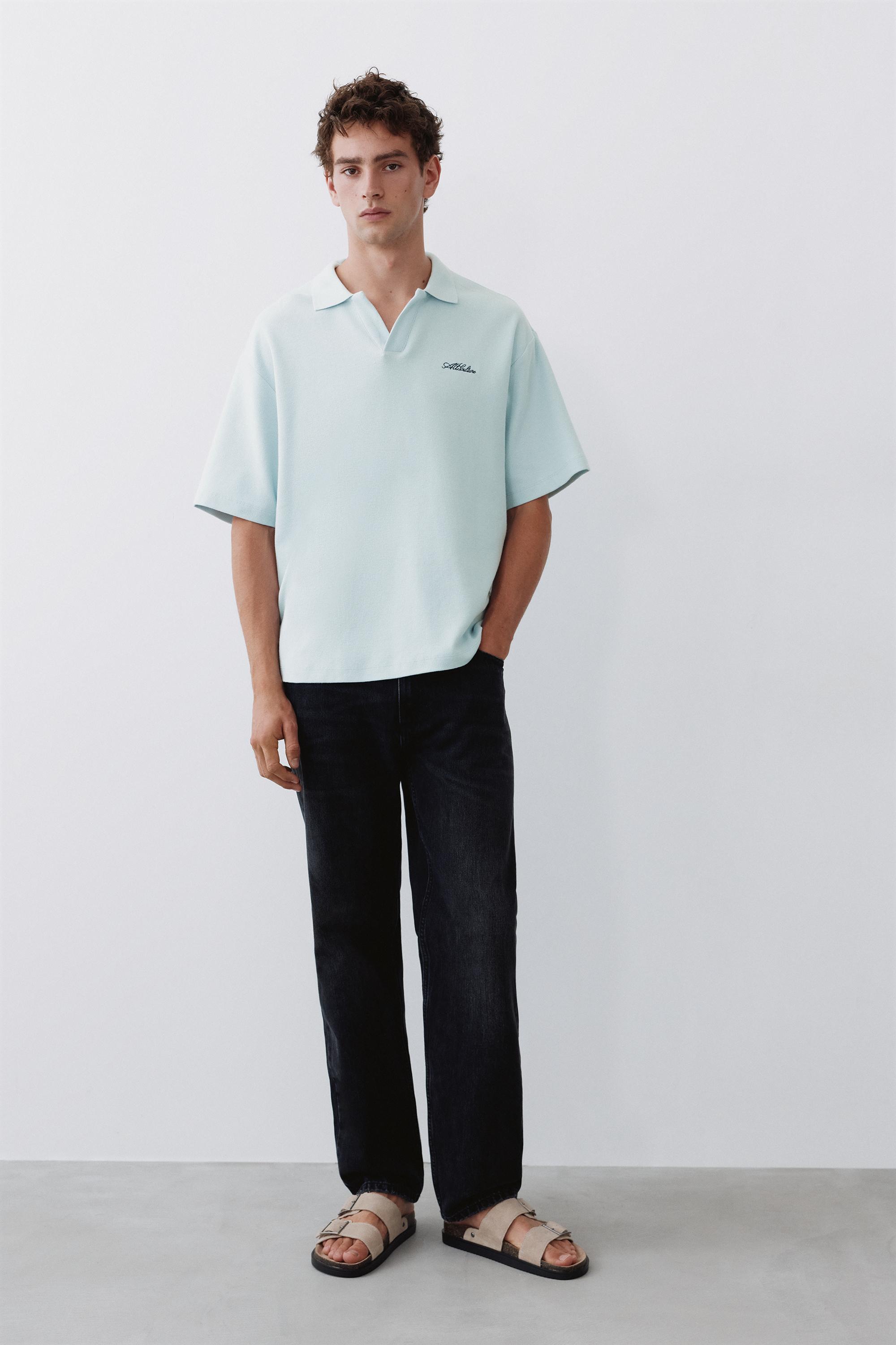 Short sleeve waffle-knit polo shirt — Sky blue