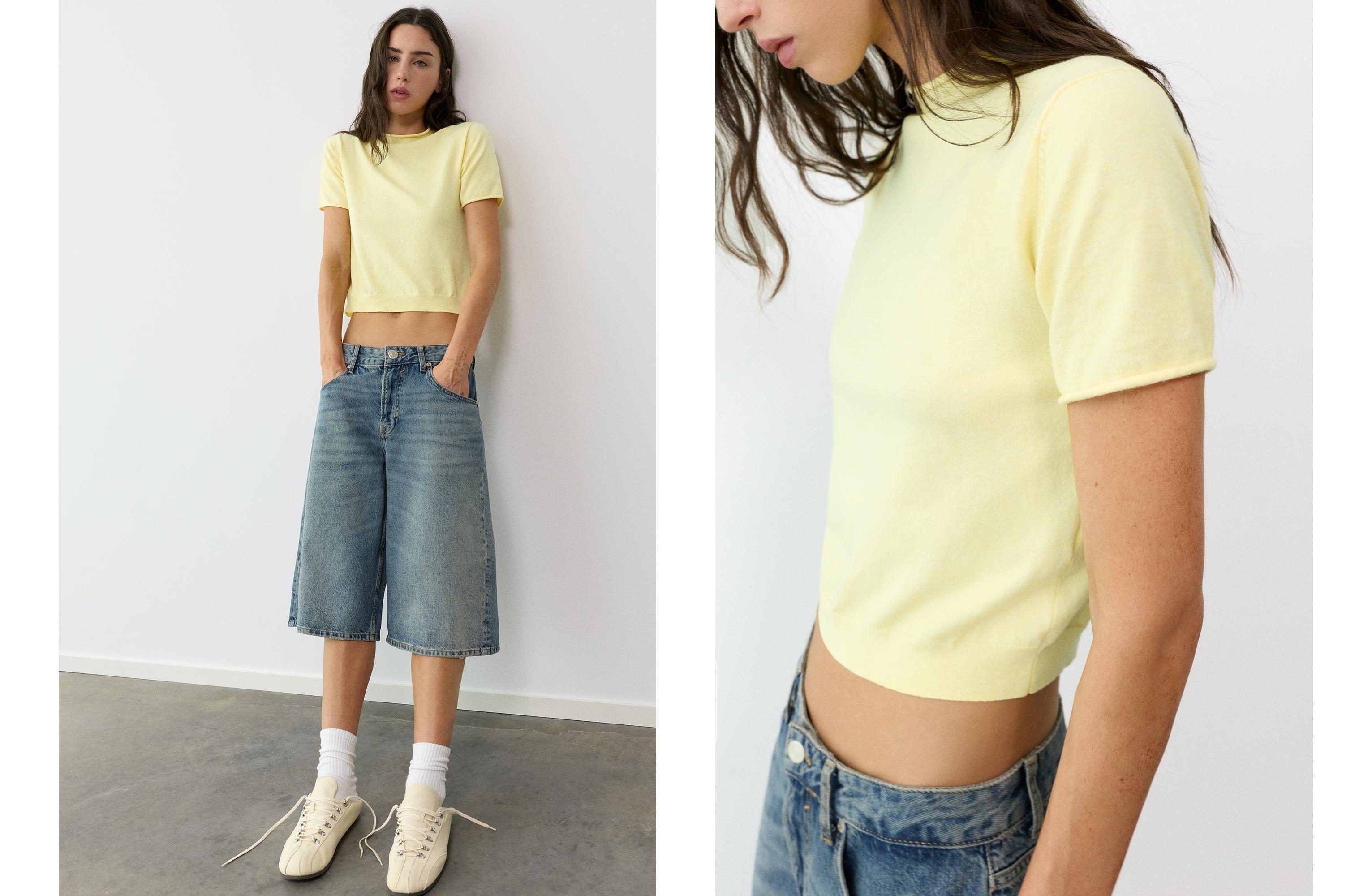 Fine knit short sleeve T-shirt — Yellow