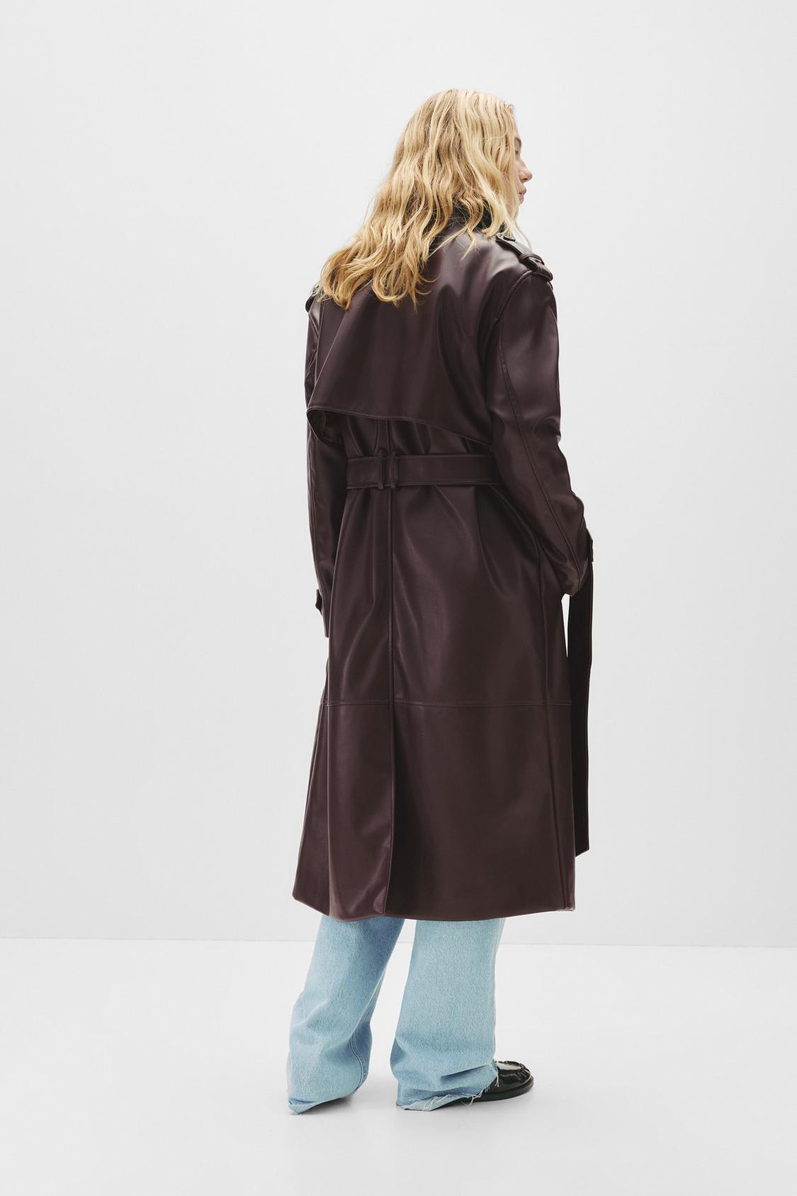 Pull&bear Faux Leather Trench Coat Brown Faux Leather Trench