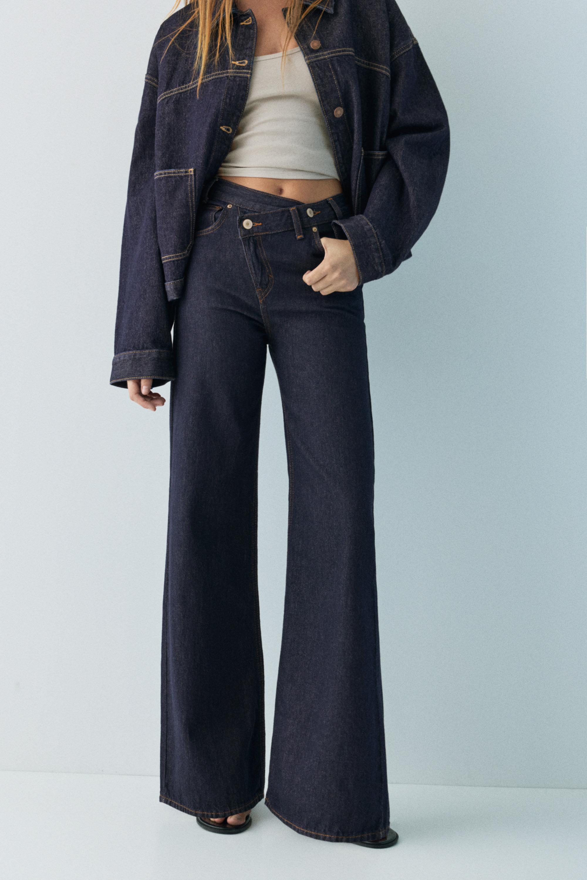 Wide leg jeans with crossover waistband — Navy