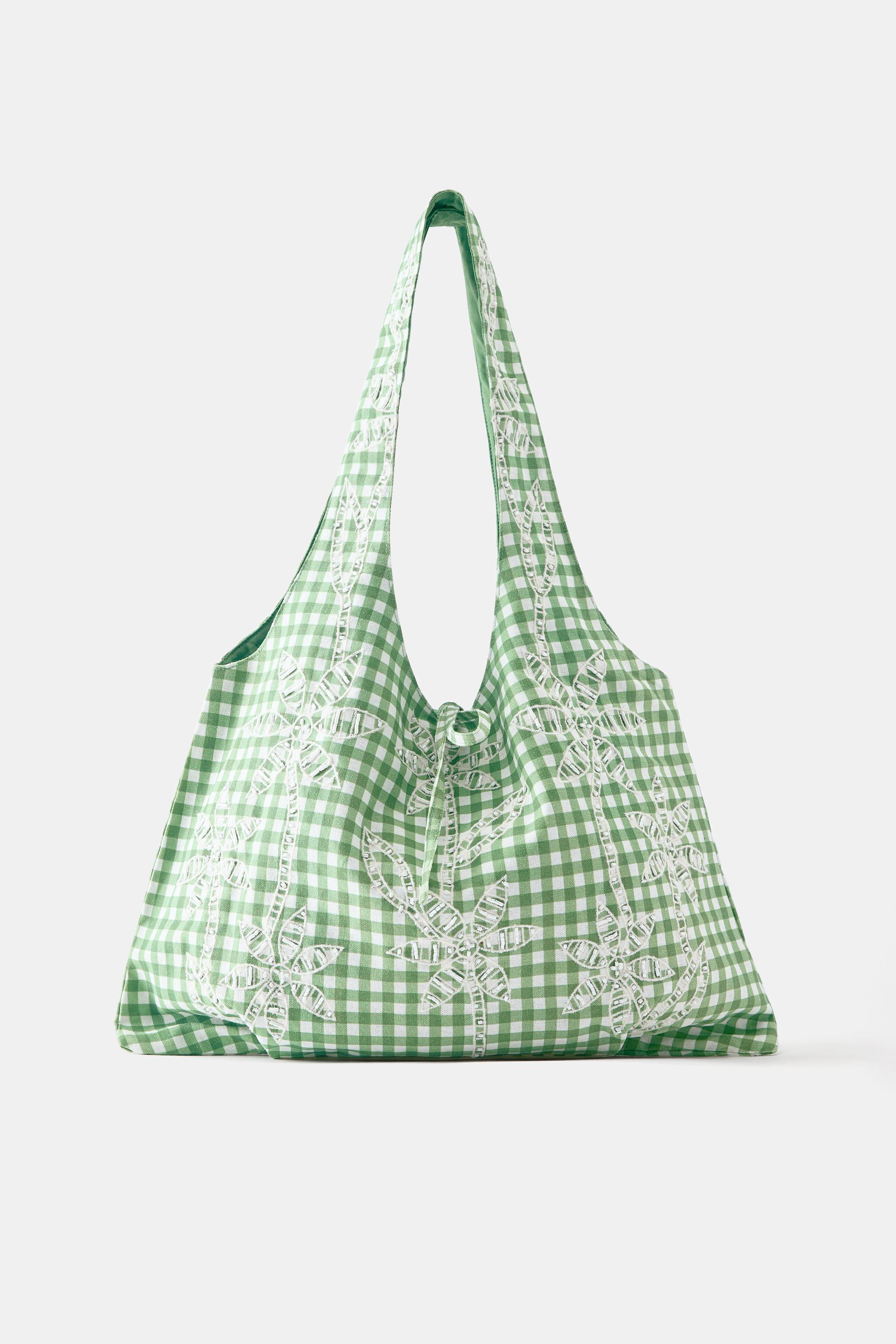 Palm tree gingham tote bag — Green