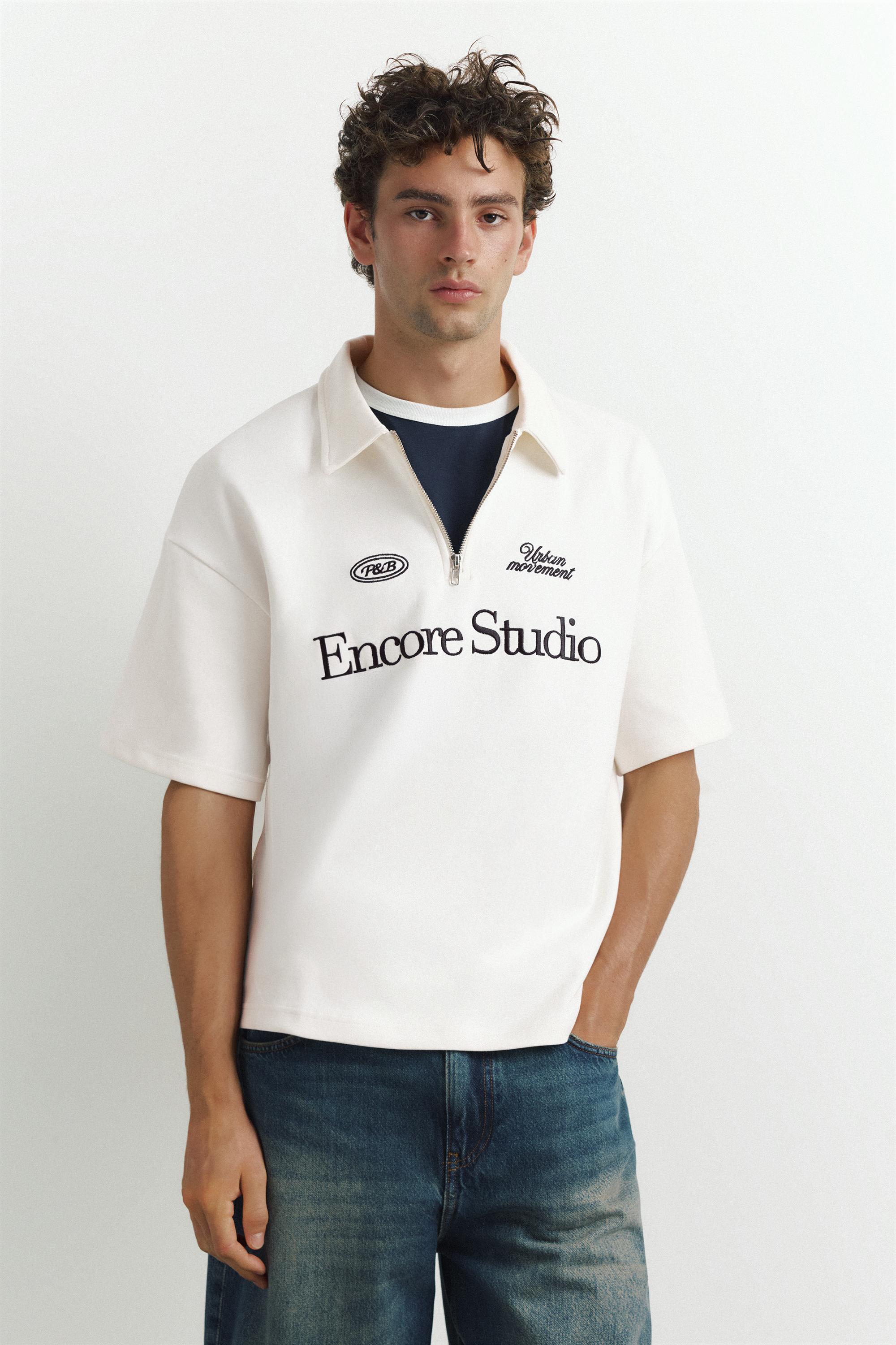 Graphic zip-up interlock polo shirt — Off white