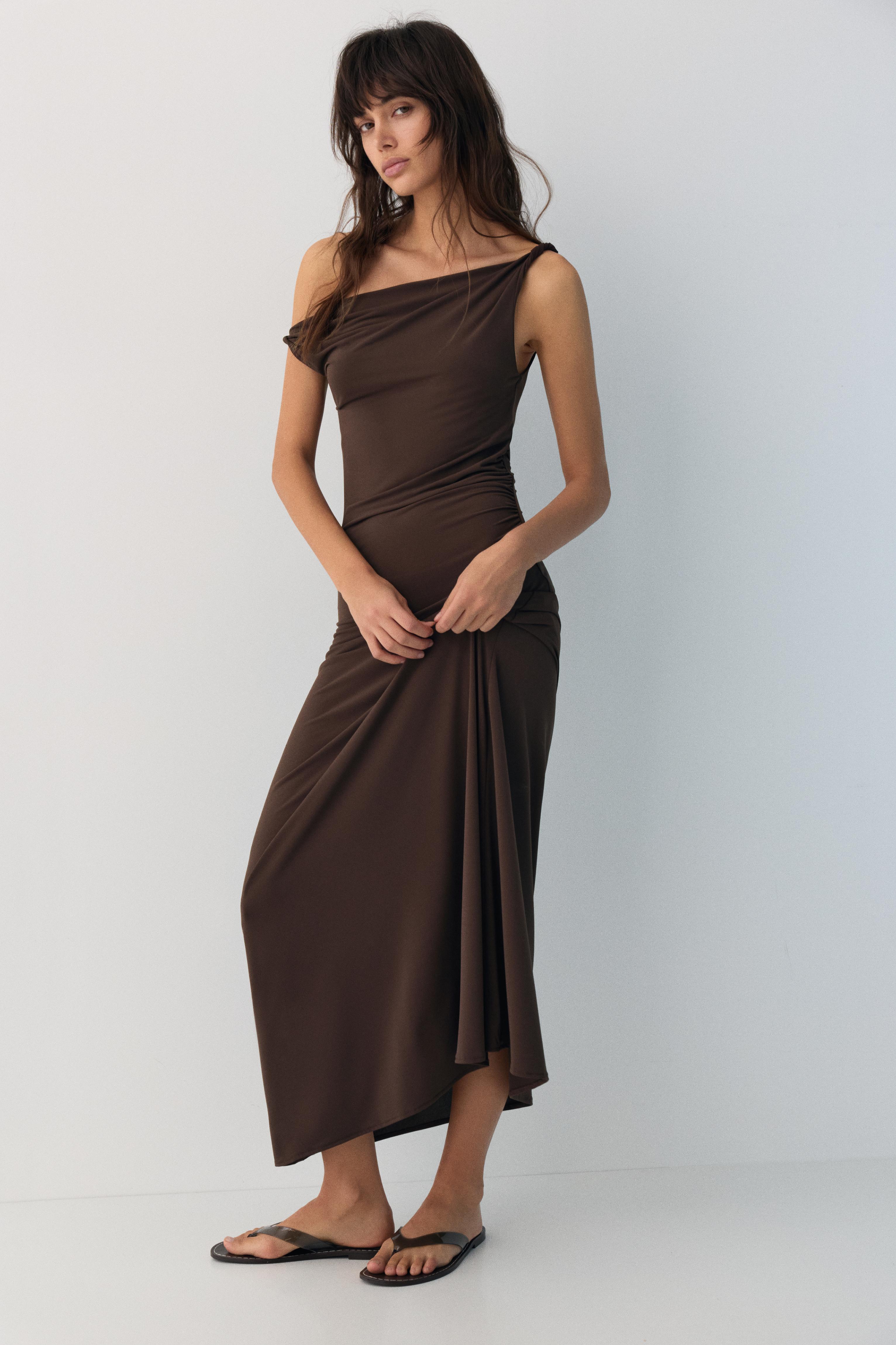 Asymmetric midi dress — Brown