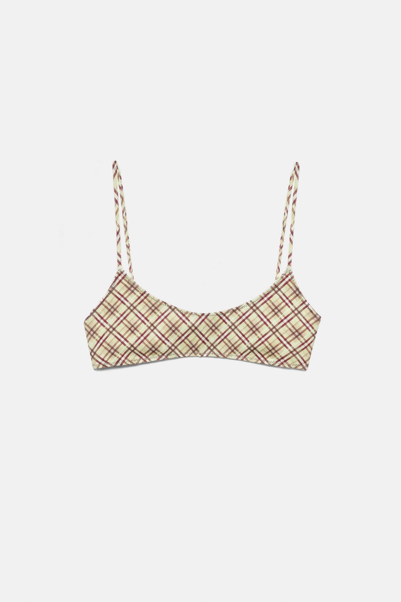Check print bikini top — Green