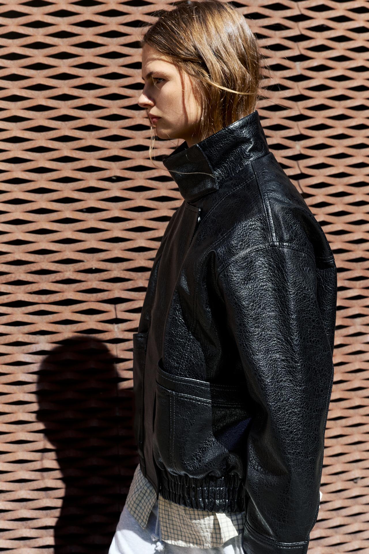 Leather effect high neck jacket — Black