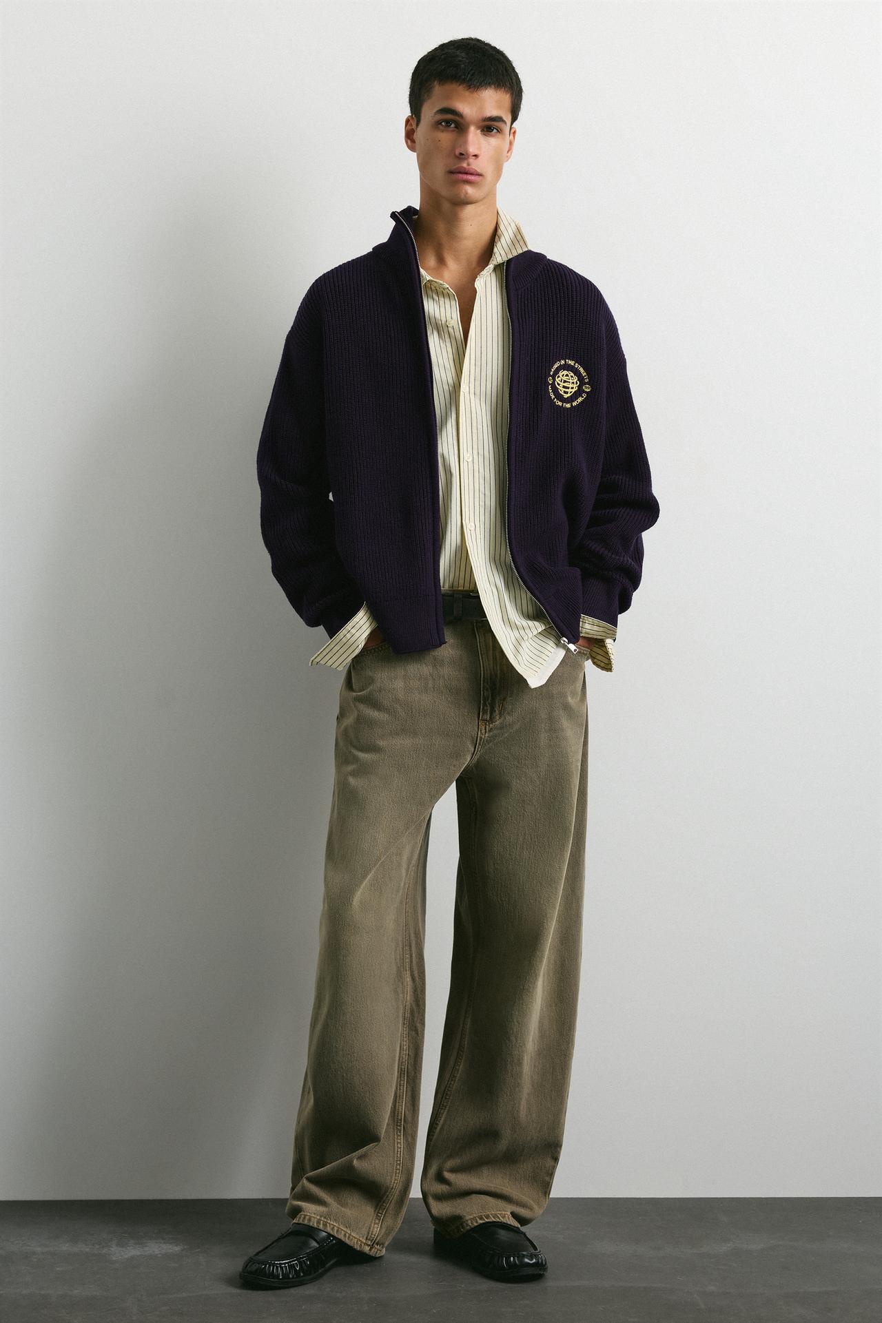 Embroidered zip cardigan — Dark blue