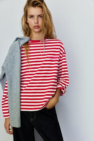 Oversize striped slogan T-shirt — Red 1