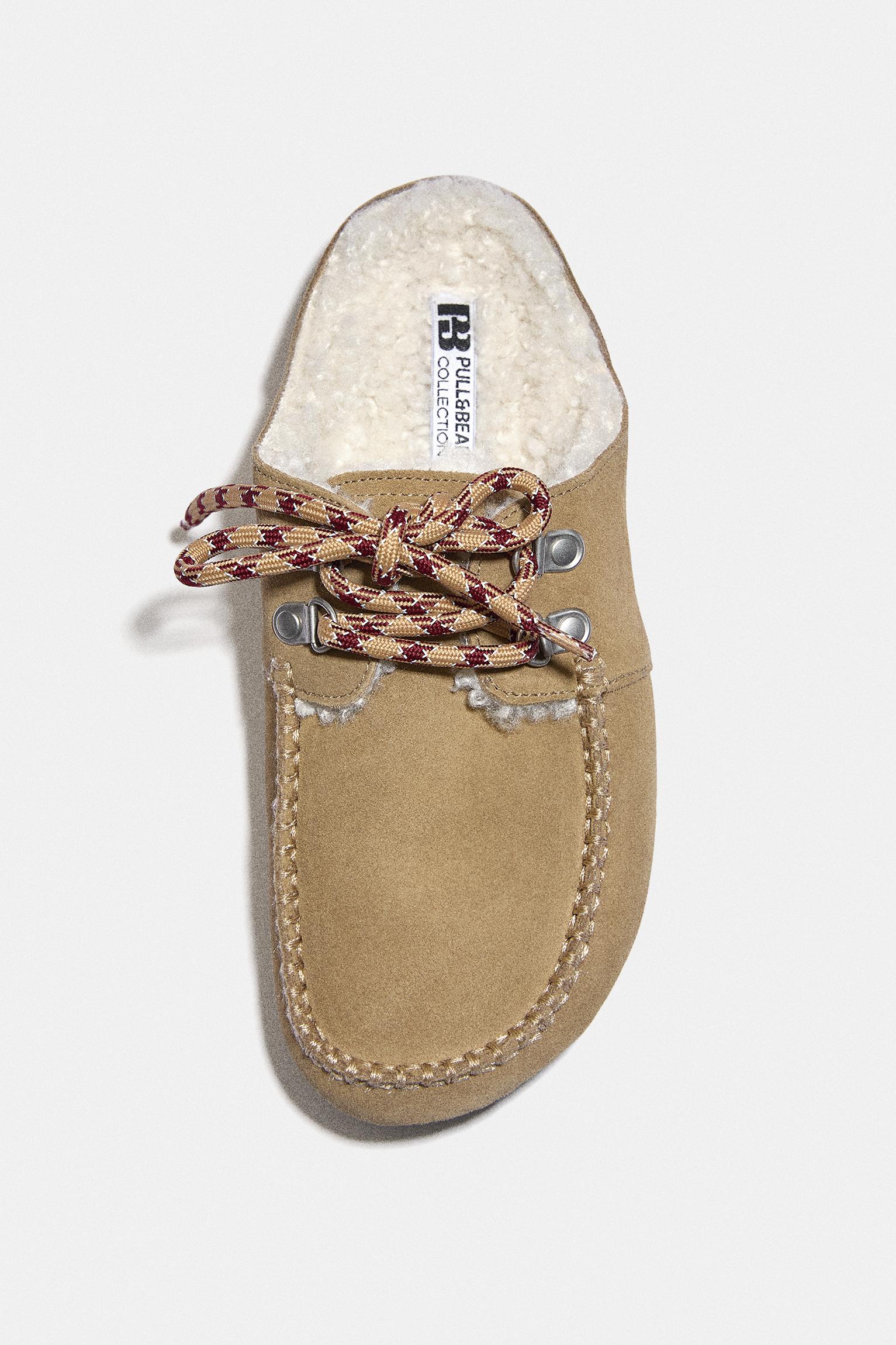 Faux shearling leather lace-up clogs — Sand