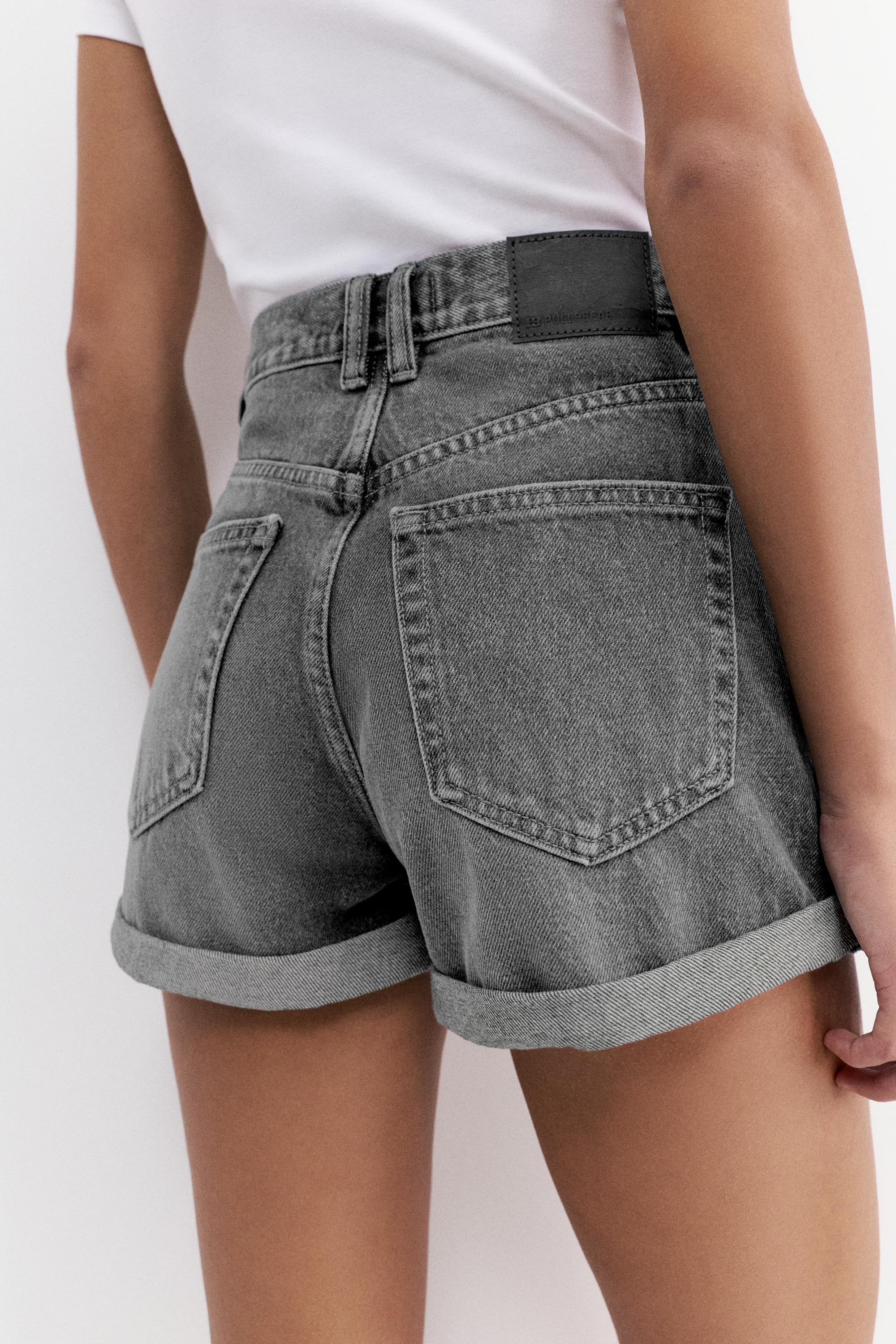 Denim turn-up mom shorts — Grey