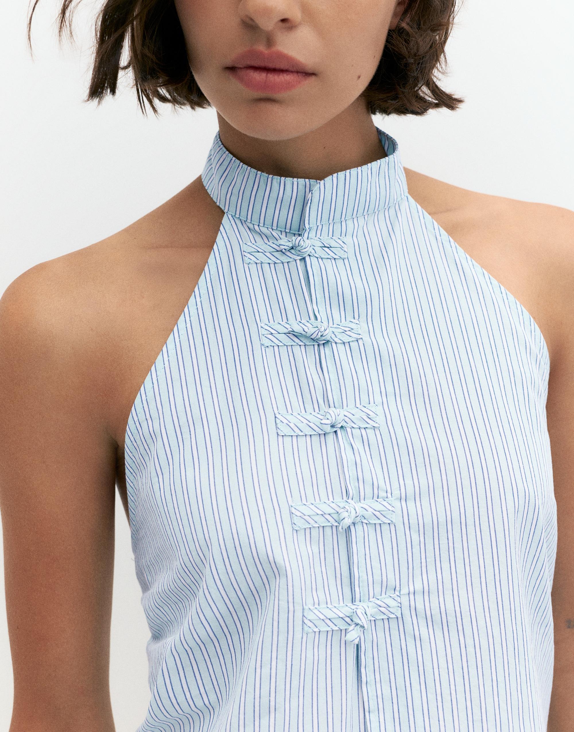 Striped halter toggle top — Water blue